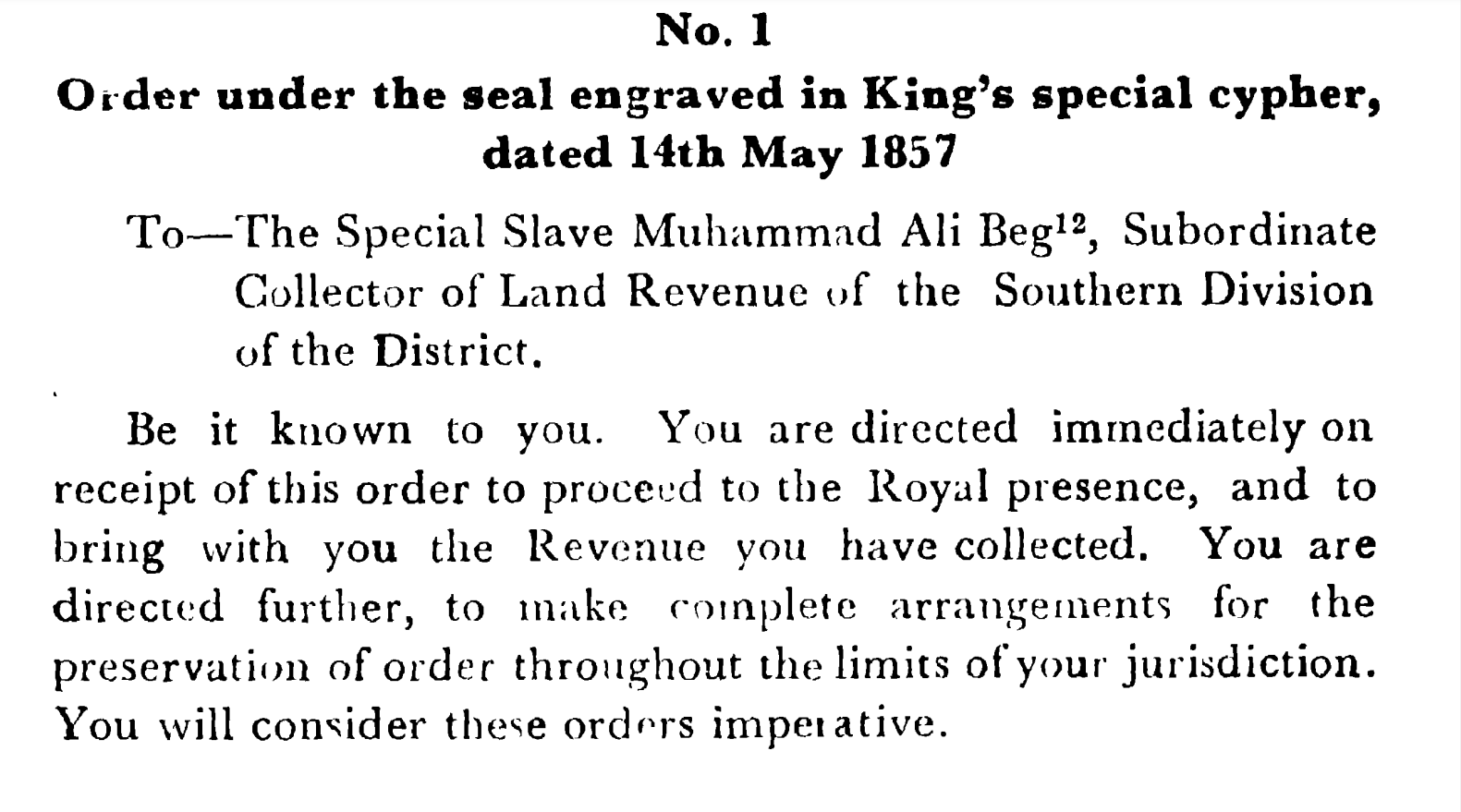 First  Days of Proceedings Trail of Bahadur Shah - Order  under  the  seal  engraved  in  Emperors  special  cypher