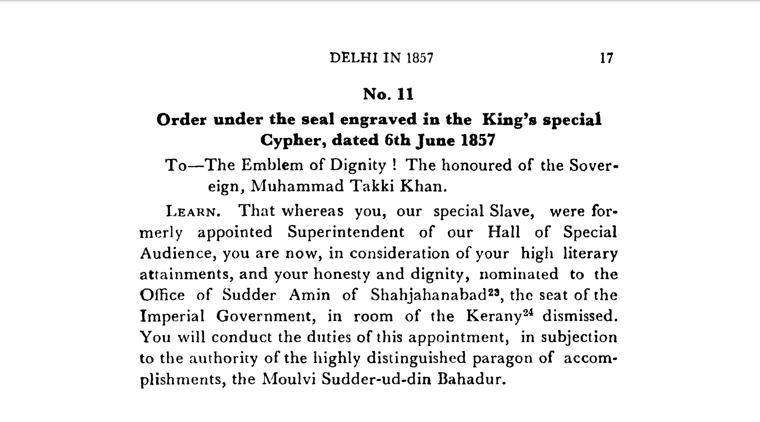 First Days of Proceedings Trail of Bahadur Shah - Order  under  the  seal  engraved  in  the  King’s  special  Cypher