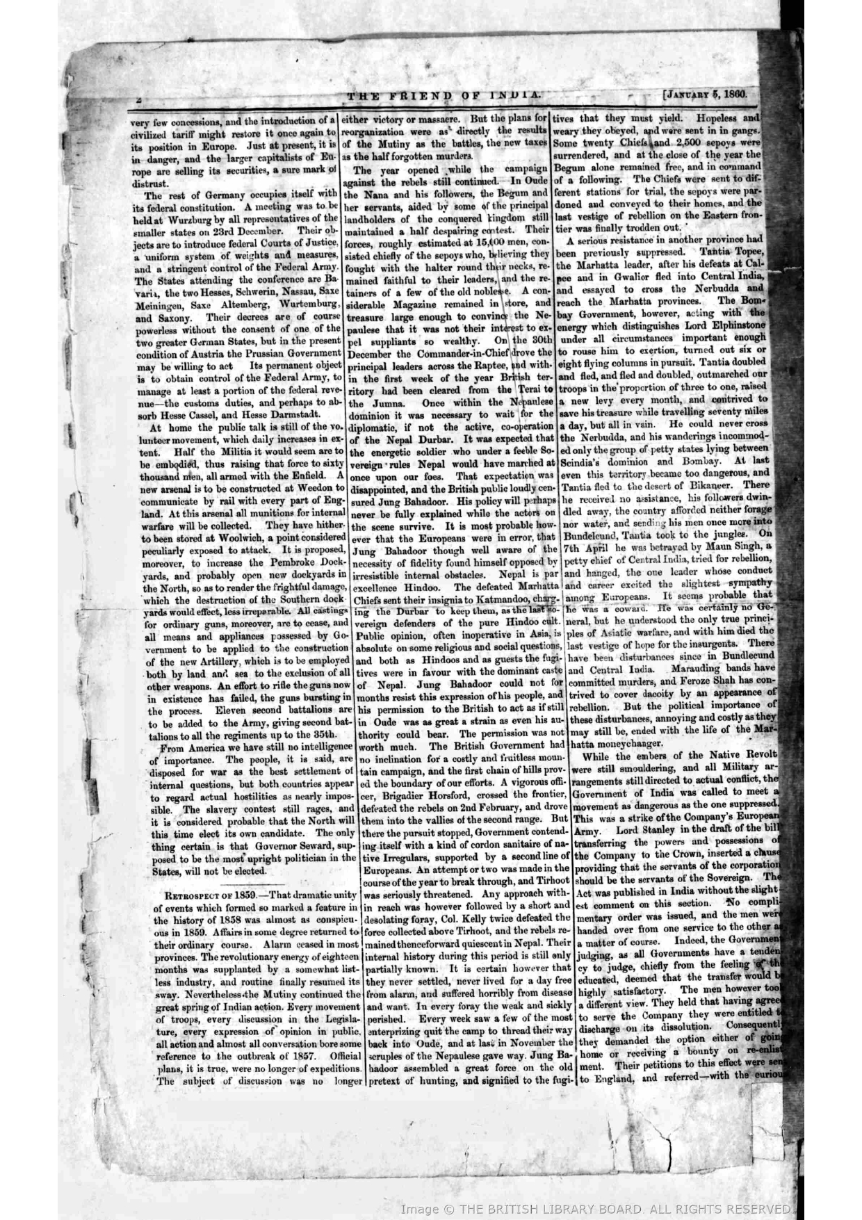 Firuz Sha  in Central India , reported by The Friend of India Statesman on January 5 , 1860