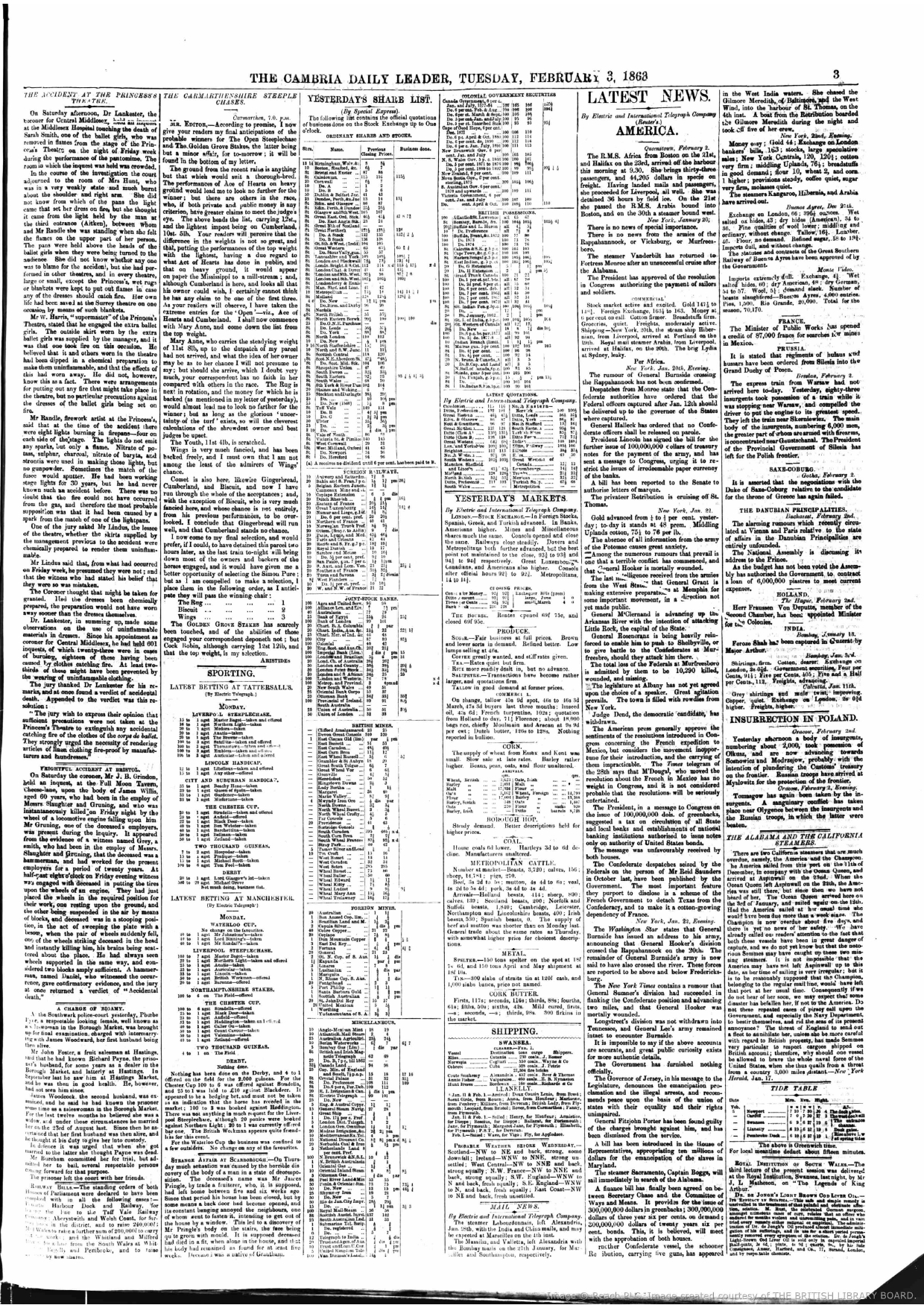 Firuz Shah has been Captured in Guzerat by Major Artur , January 13 - Reported by THE CAMBRIA DAILY LEADER  ,February 3 1863