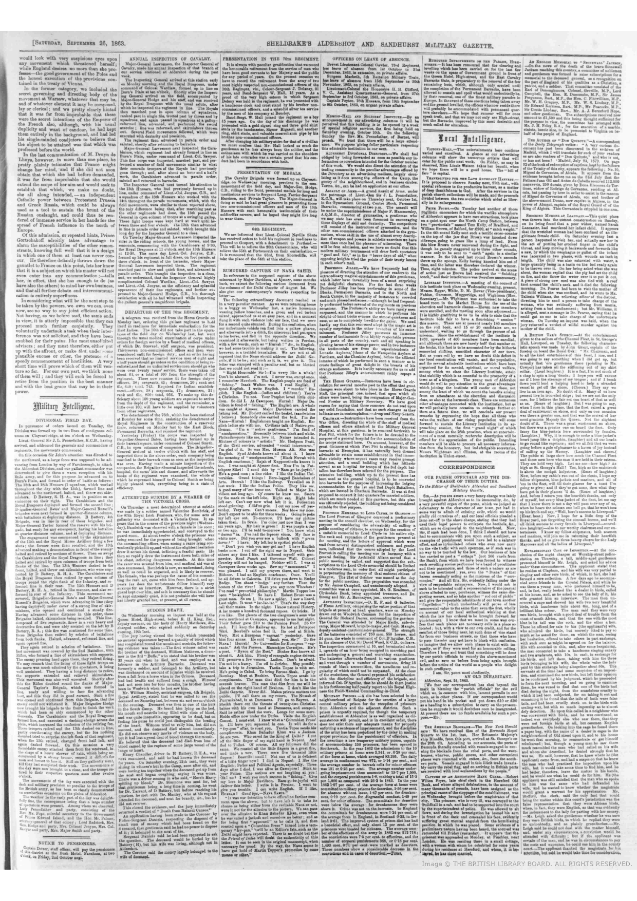 Firuz Shah In Bombay, Reported by SHELDRAKE'S ALDERSHOT AND SANDHURST MILITARY GAZETTE - September 26 - 1863
