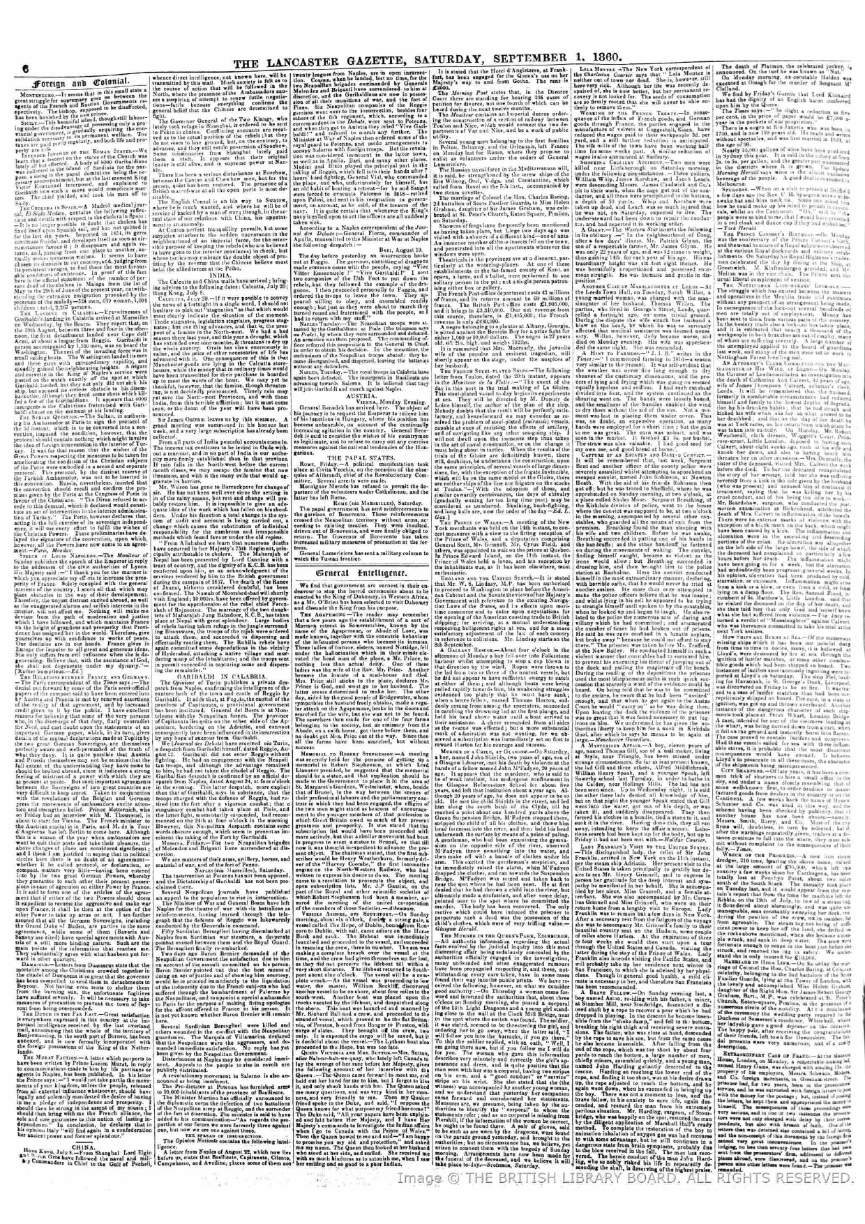 Firuz Shah in Calcutta , Reported by The Lancaster Gazette on September 01 Saturday, 1860