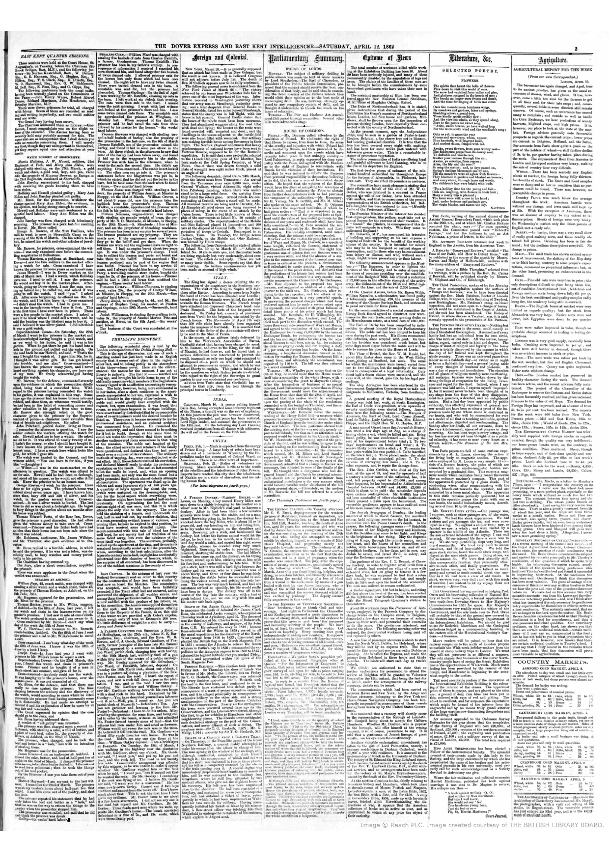 Firuz Shah  In Calcutta , Reported by  THE DOVER EXPRESS April 12 Saturday- 1862