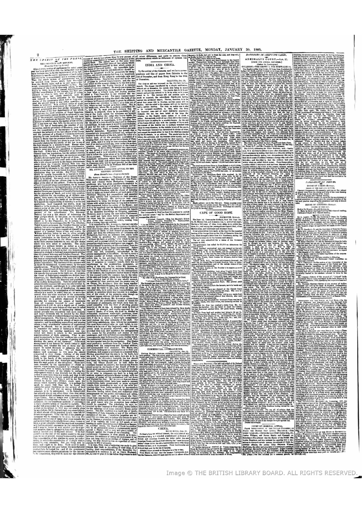 Firuz Shah in Calcutta December 21 , reported by The Shipping and Mercantile Gazette on January 30 , 1860