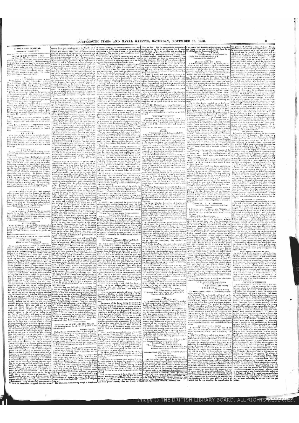 Firuz Shah in Calcutta on September 22, 1860 - Reported by Portsmouth Times and Naval  Gazette on November 10, 1860