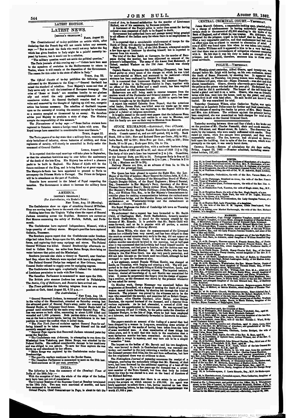 Firuz Shah In Calcutta, Reported by JOHN BULL- August 23- 1862