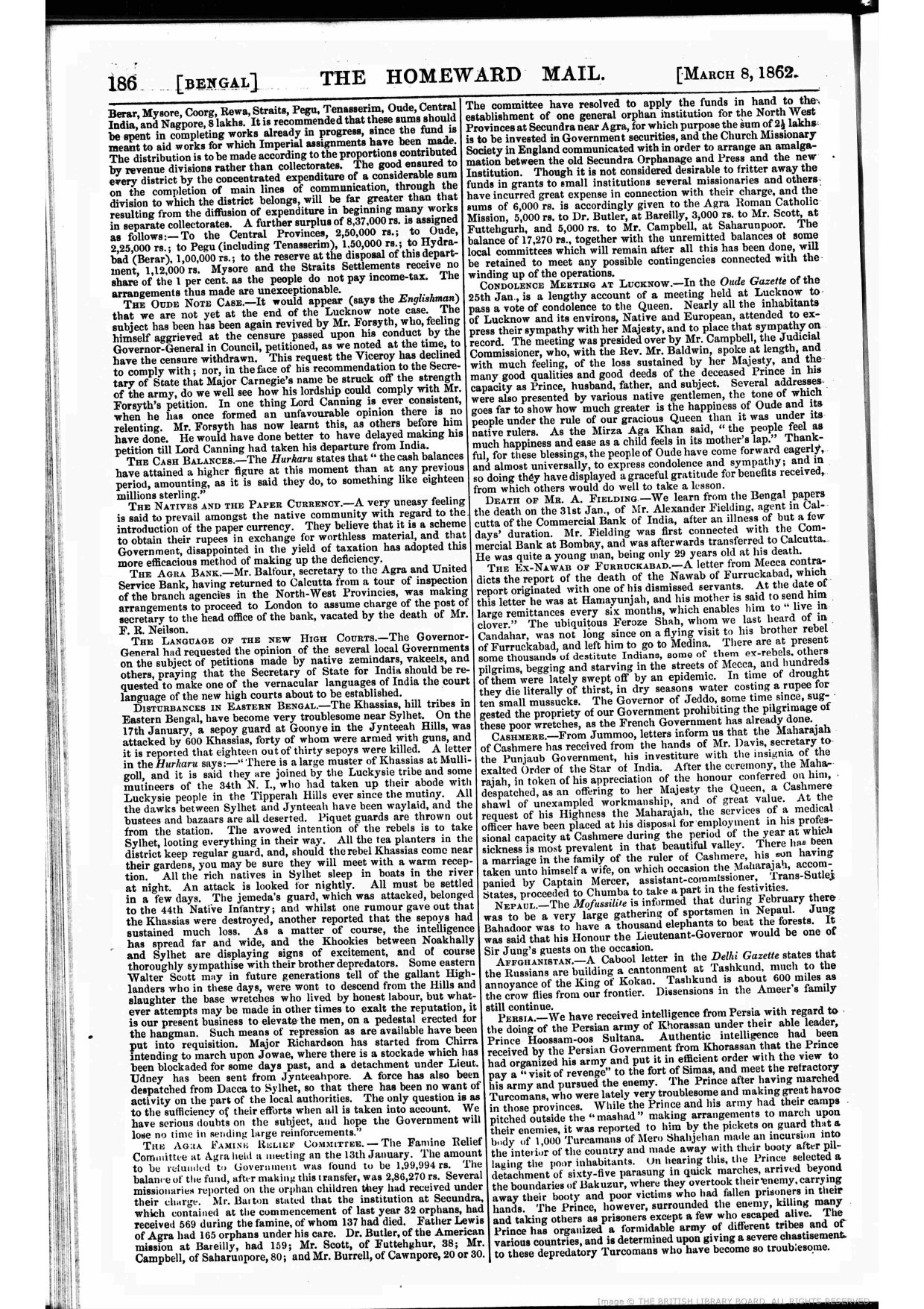 Firuz Shah In Candahar , Reported by THE HOME WARD MAIL- March 08- 1862