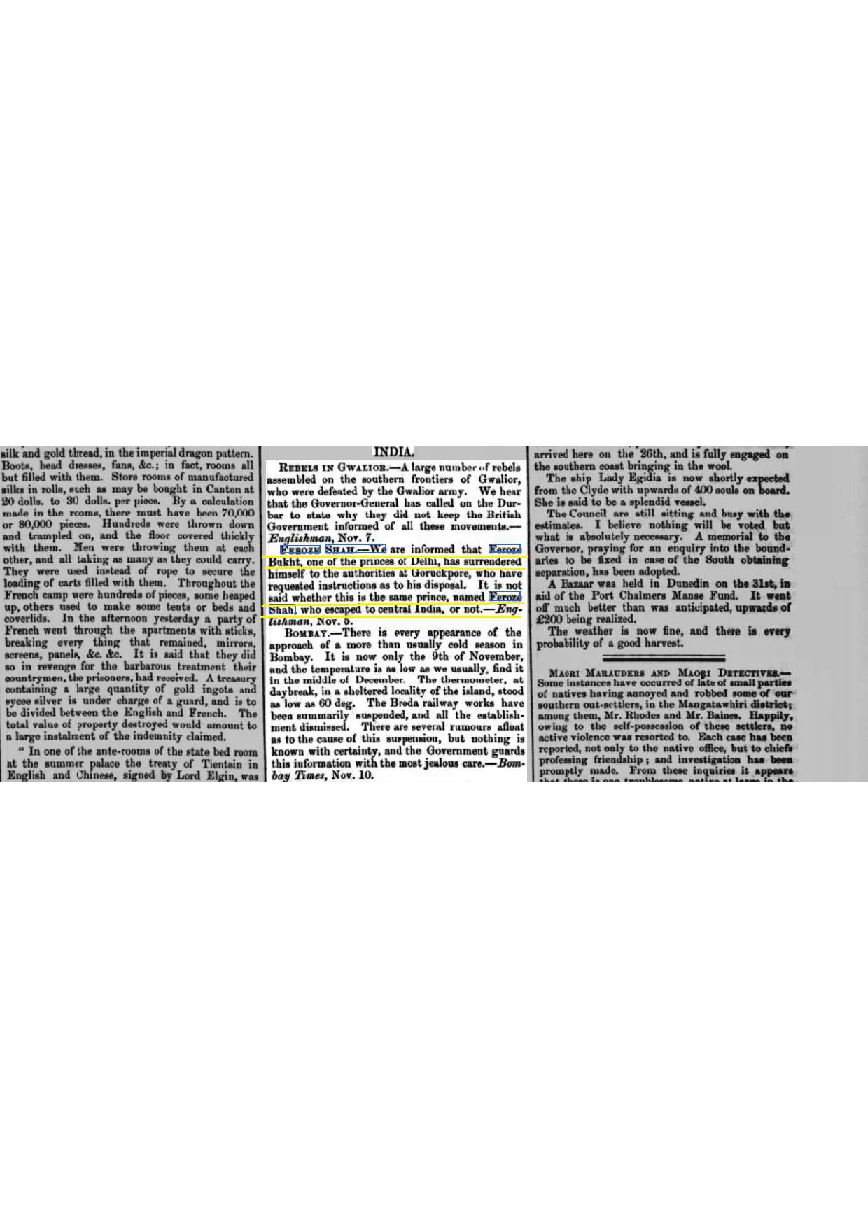 Firuz Shah In Central India November 5 1860 Reported by THE LYTTELTON TIMES -January 9-1861