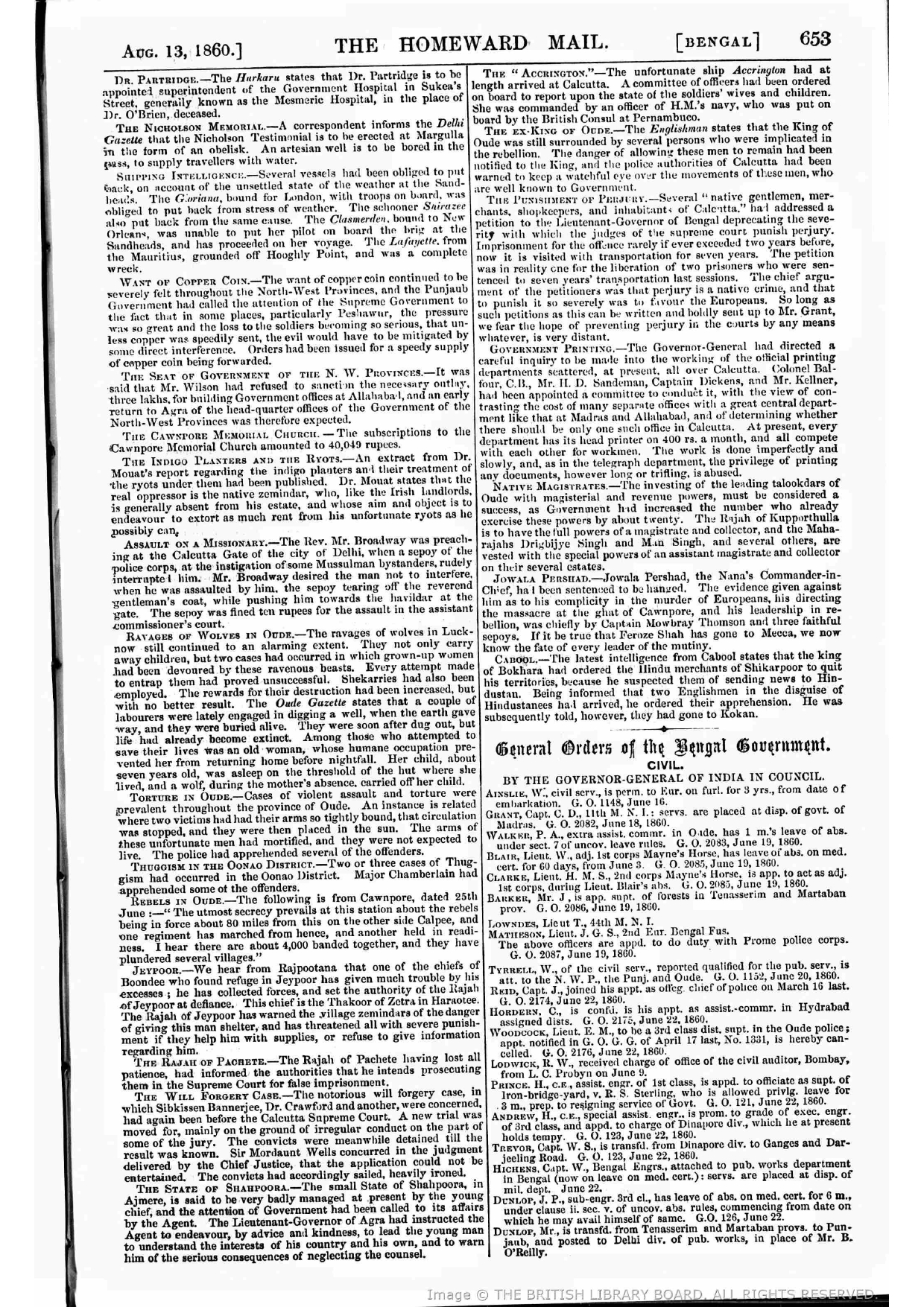 Firuz Shah in Central India , Reported by  The Homeward Mail, August 13, 1860