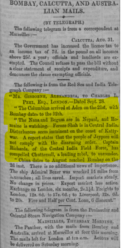 Firuz Shah In Central India 28 September 1859 Reported By London Evening Standard  On Friday 07 October 1859