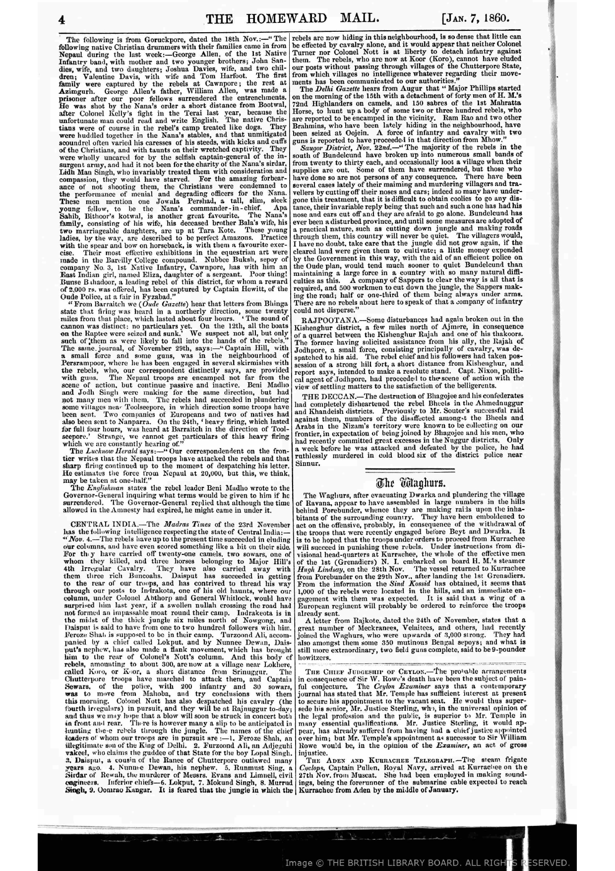 Firuz Shah in Central India 23 November 1859 , reported by The Homeward Mail  January 7, 1860