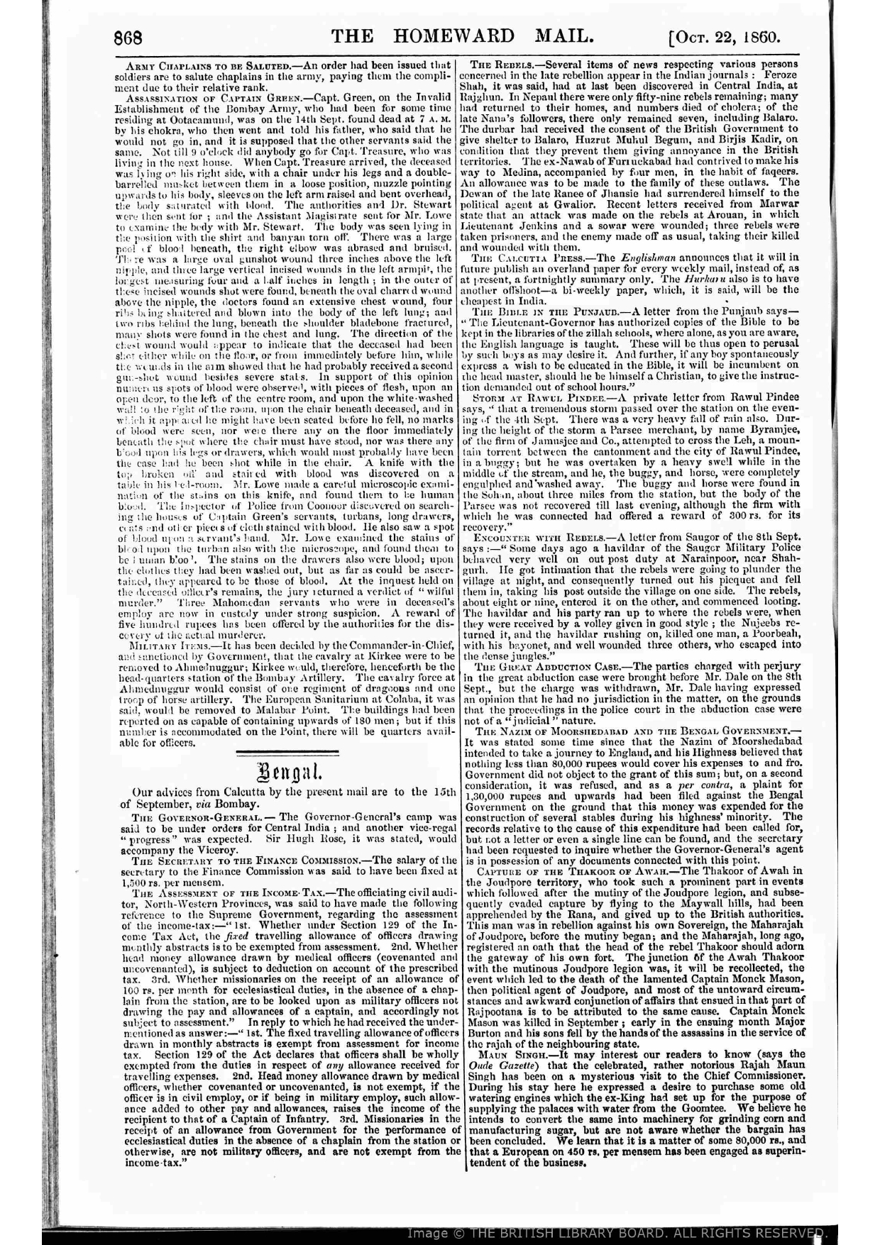 Firuz Shah in Central India , Reported by  The Homeward Mail ,October  22  , 1860
