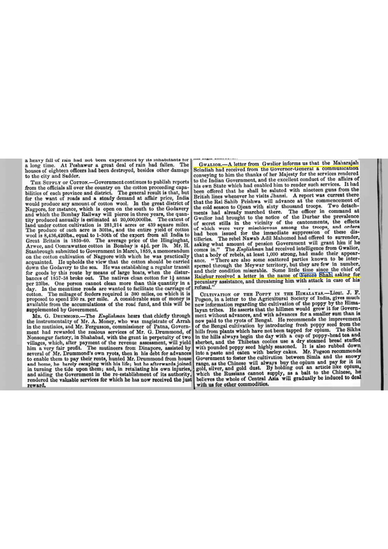 Firuz Shah In Gwalior , Reported by THE HOME WARD MAIL- August 27- 1861