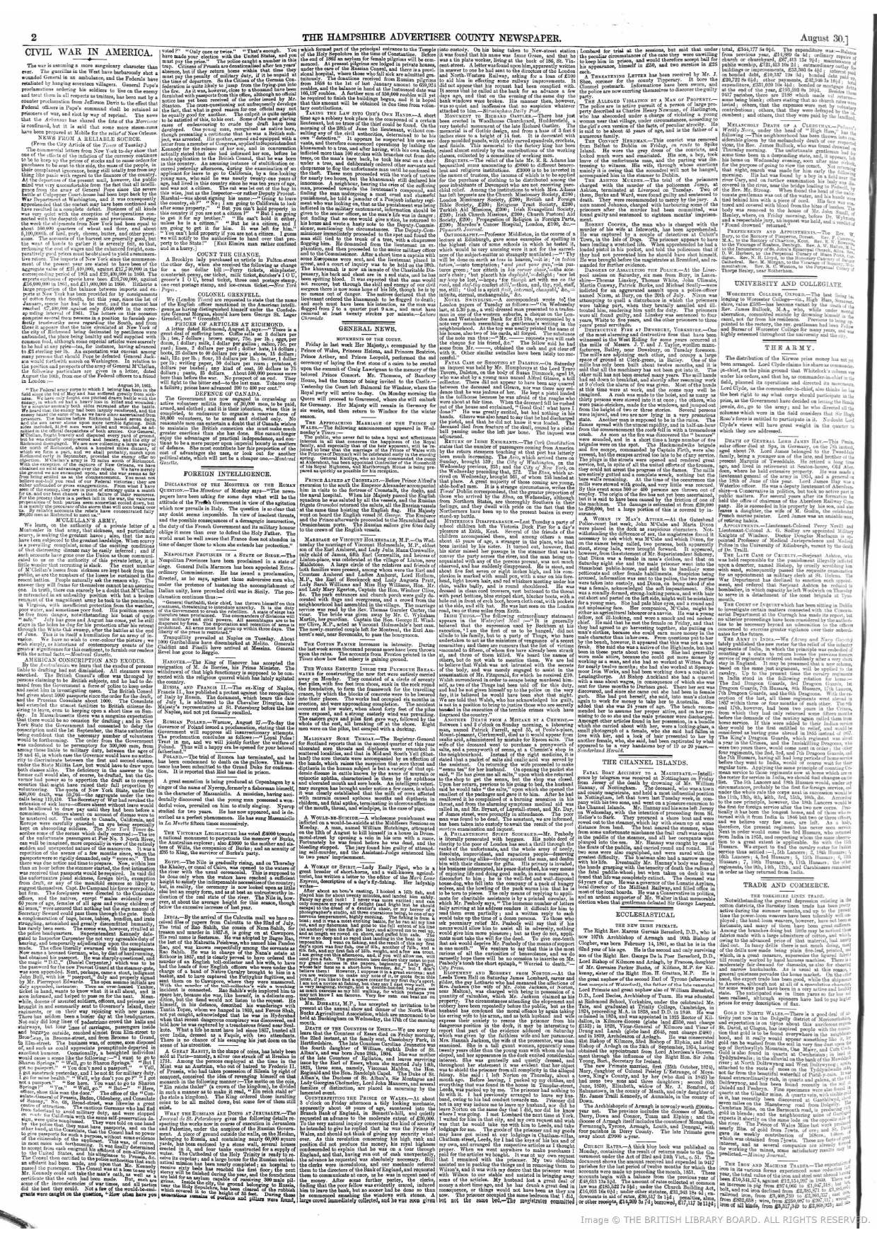 Firuz Shah In Hyderabad , Reported by THE HAMPSHIRE ADVERTISER COUNTY NEWS PAPER- August 30 - 1862