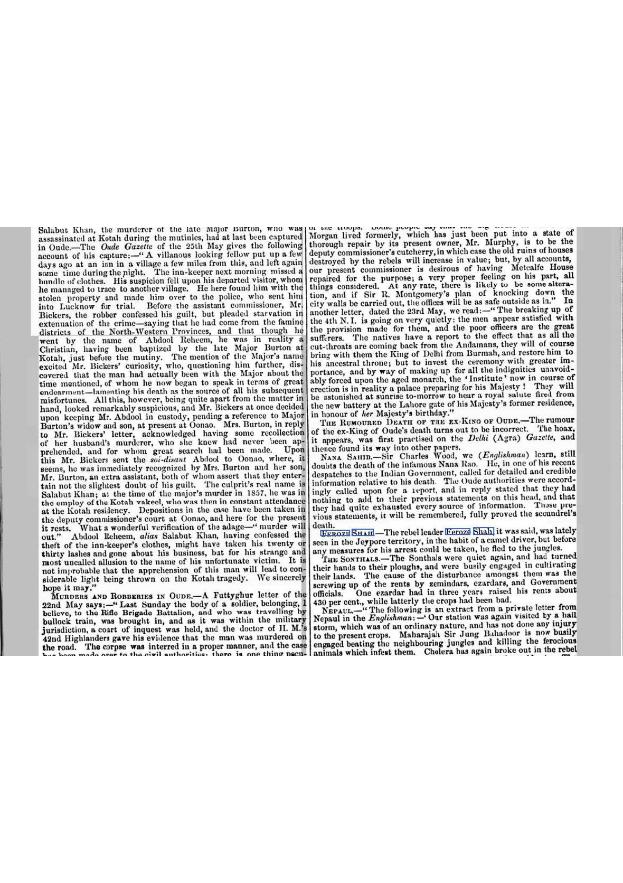 Firuz Shah In Jaipur , Reported by THE HOMEWARD MAIL- July 9-1861