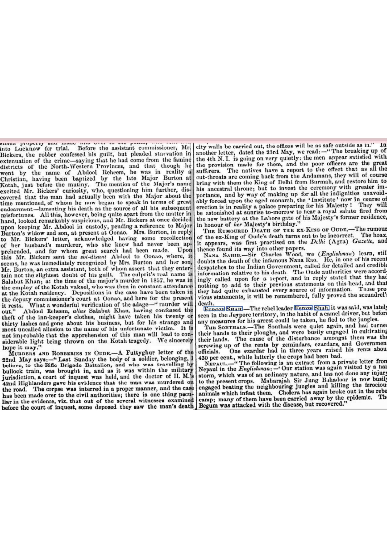 Firuz Shah in Jaipur Territory Reported by THE HOME WARD MAIL July 9-1861