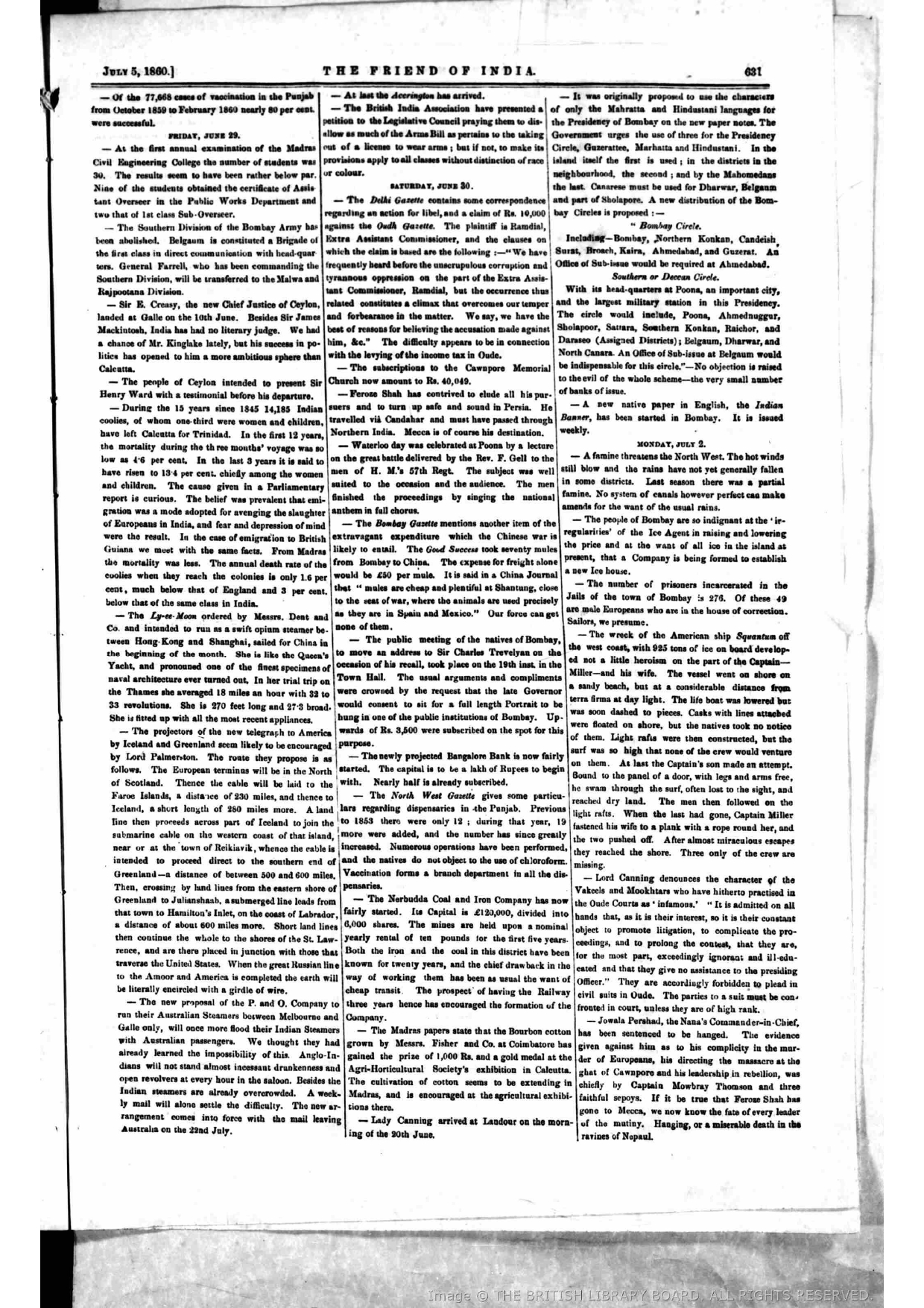Firuz Shah in Kandahar and must have passed Northern India on June 30 Saturday , 1860  , Reported by  THE FRIEND OF INDIA  -   July  5-  1860
