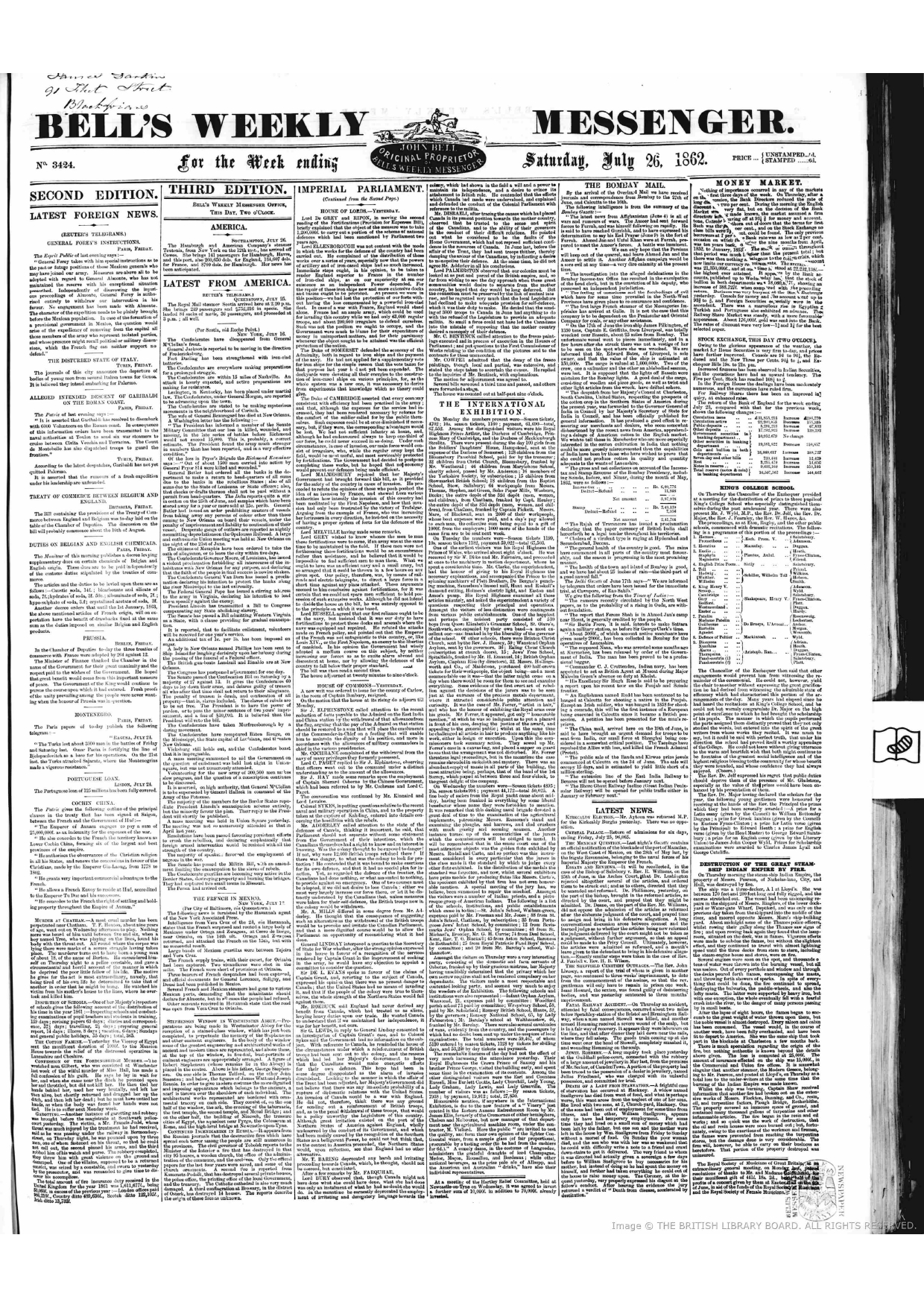 Firuz Shah Is in Ahmed Jan's Camp , Reported by   BELL'S WEEKLY MESSENGER July 26 Saturday -1862