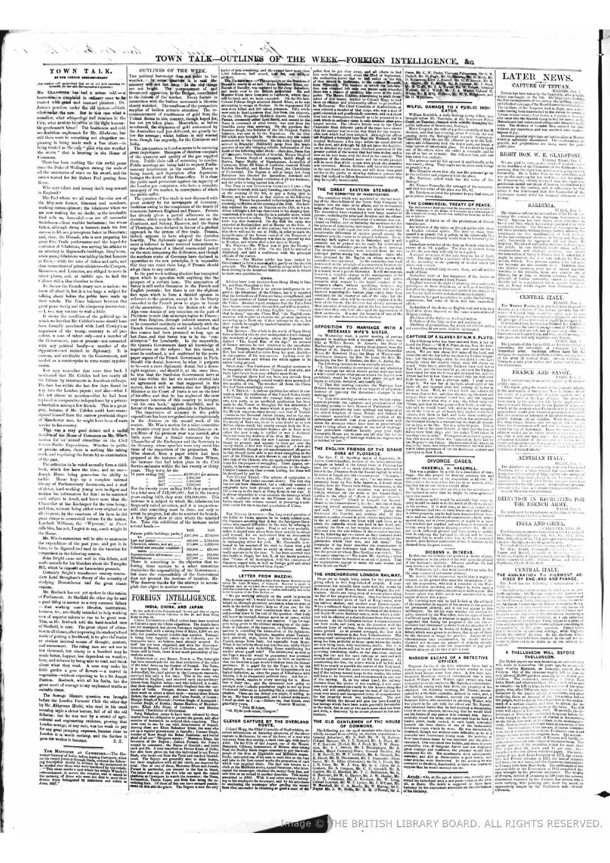 Firuz Shah out from the Terai  reached Bundelkhand reported by TOWN TALK - OUTLINE OF THE WEEK - FOREIGN INTELLIGENCE   February 11 , 1860