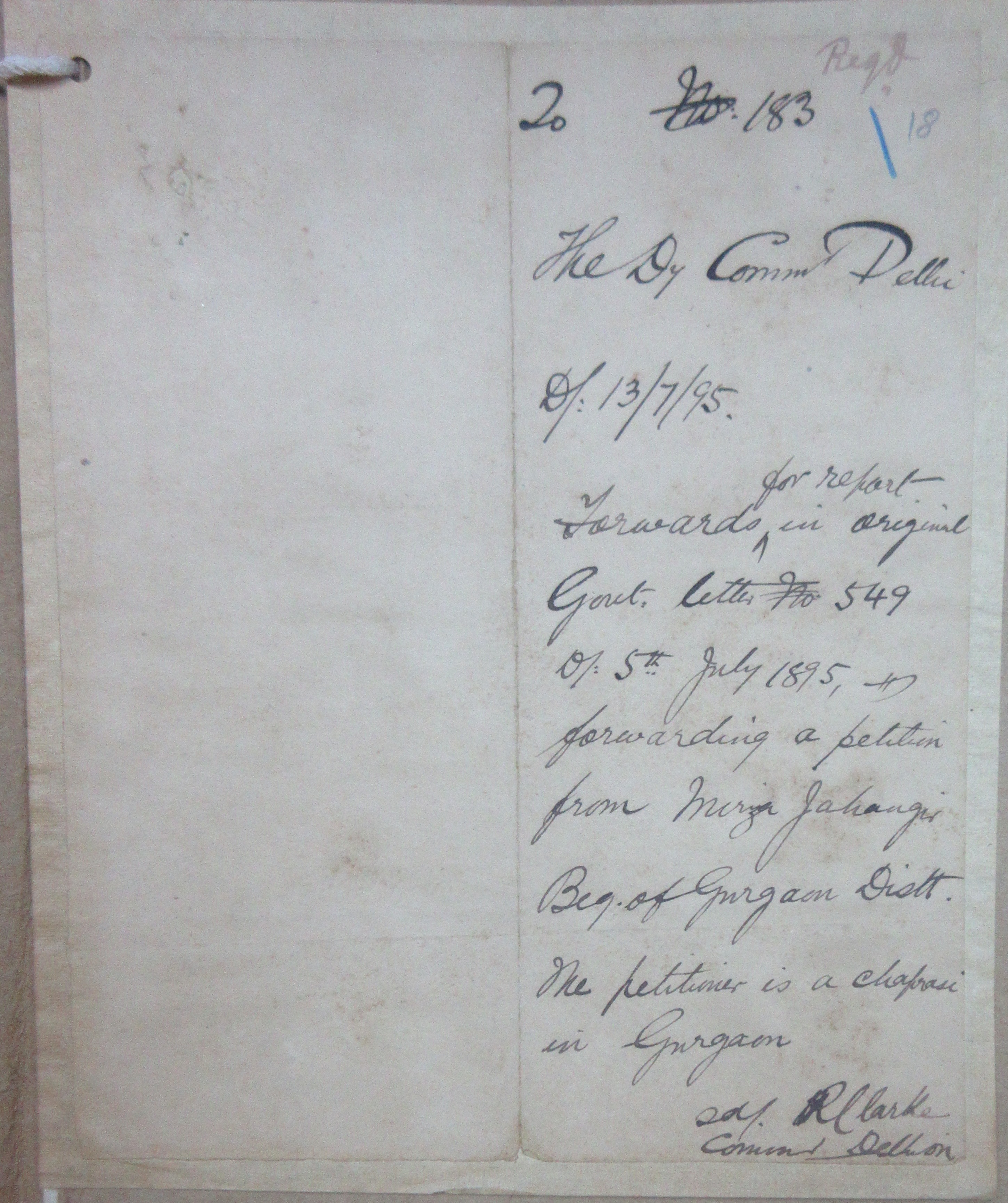 Forwarding a Petition From Mirza Jahangir Beg of Gurgaon The Petitioner is a Chapasi in Gurgaon, File No. 50