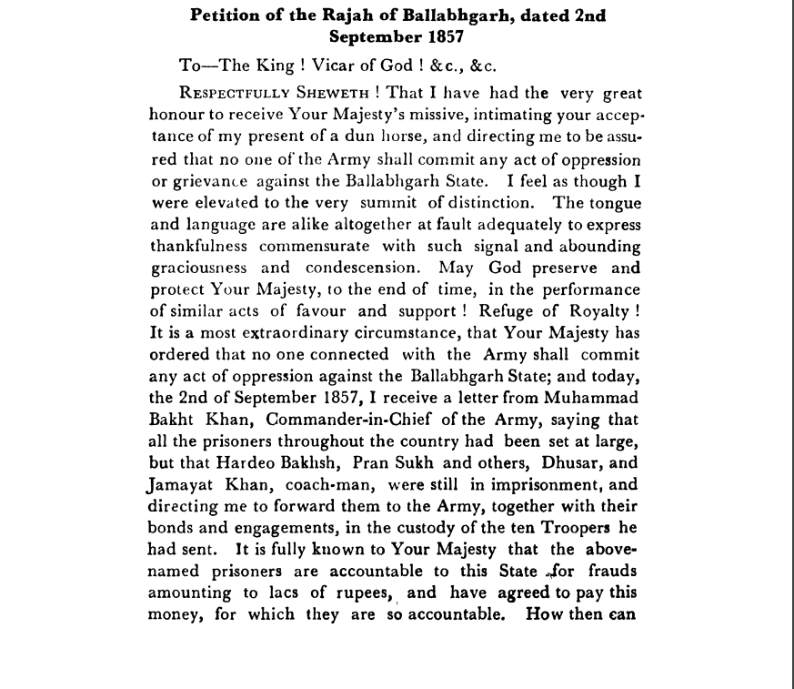 Fourth Days of Proceedings Trail of Bahadur Shah - Petition  of  the  Rajah  of  Ballabhgarh  dated  2nd  September  1857