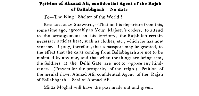 Fourth Days of Proceedings Trail of Bahadur Shah - Petition  of  Ahmad  Ali  confidential  Agent  of  the  Rajah