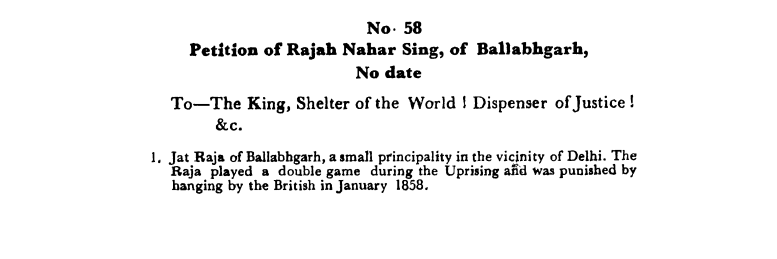 Fourth Days of Proceedings Trail of Bahadur Shah - Petition  of  Rajah  Nahar  Sing,  of  Ballabhgarh