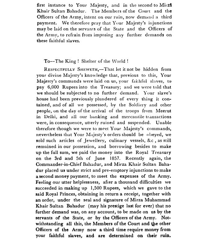 Fourth Days of Proceedings Trail of Bahadur Shah - Petition  of  Mathura  Das  and  Salig  Ram  Merchants  of  Delhi