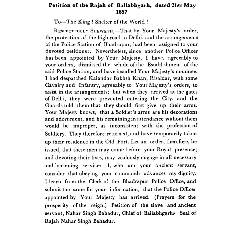 Fourth Days of Proceedings Trail of Bahadur Shah - Petition  of  the  Rajah  of  Ballabhgarh