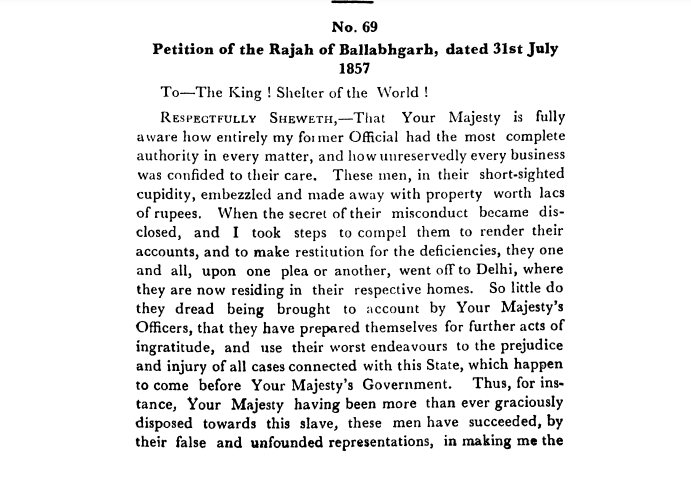 Fourth Days of Proceedings Trail of Bahadur Shah -  Petition  of  the  Rajah  of  Ballabhgarh,  dated  31st  July