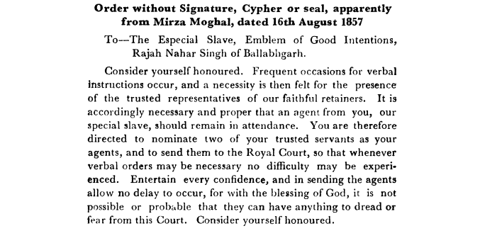 Fourth Days of Proceedings Trail of Bahadur Shah -  Order  without  Signature  Cypher  or  seal  apparently from  Mirza  Moghal