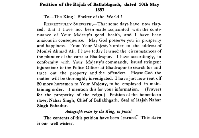 Fourth Days of Proceedings Trail of Bahadur Shah -  Petition  of  the  Rajah  of  Ballabhgarh,  dated  30th  May