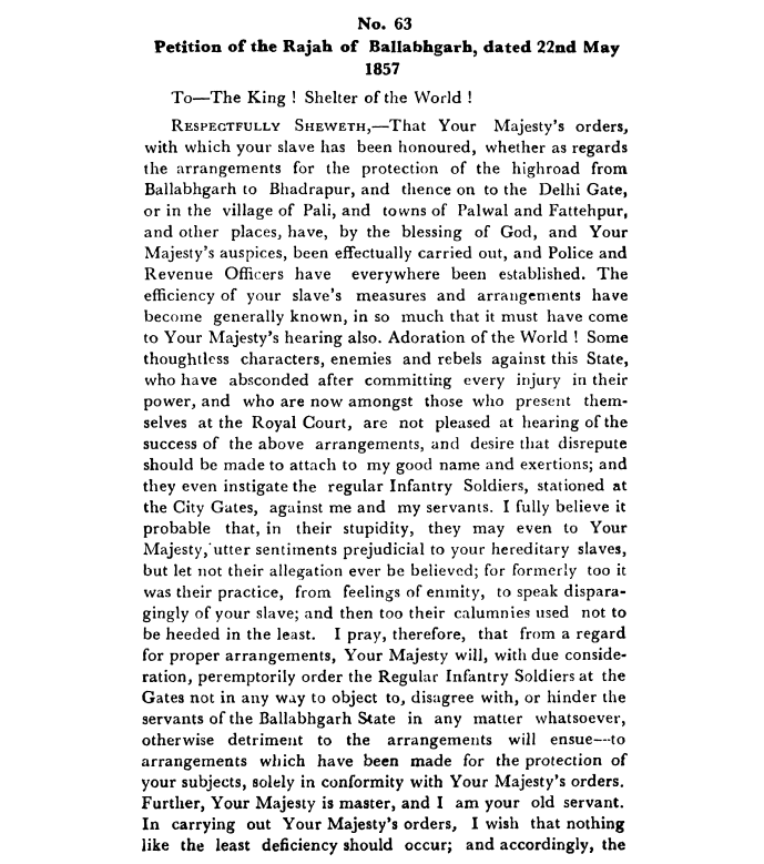 Fourth Days of Proceedings Trail of Bahadur Shah - Petition  of  the  Rajah  of  Ballabhgarh  dated  22nd  May