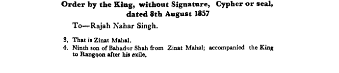 Fourth Days of Proceedings Trail of Bahadur Shah -  Order  by  the  Emperor  without  Signature Cypher  or  seal