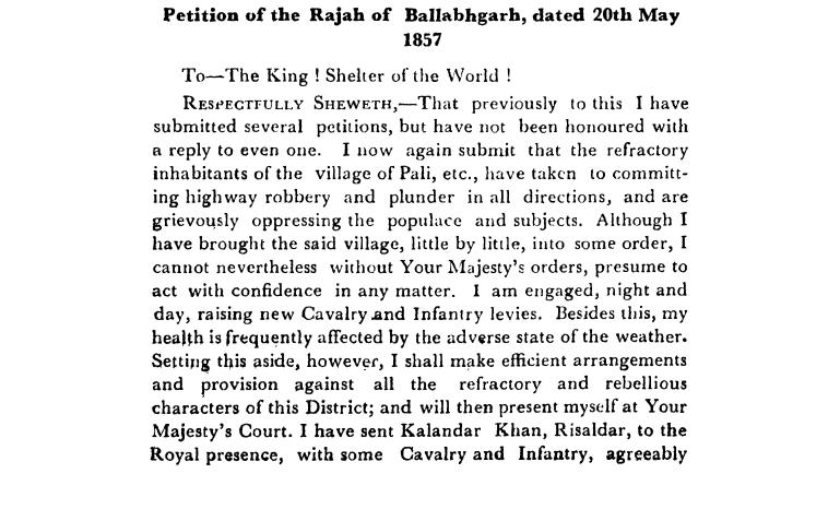 Fourth Days of Proceedings Trail of Bahadur Shah - Petition  of  the  Rajah  of  Ballabhgarh