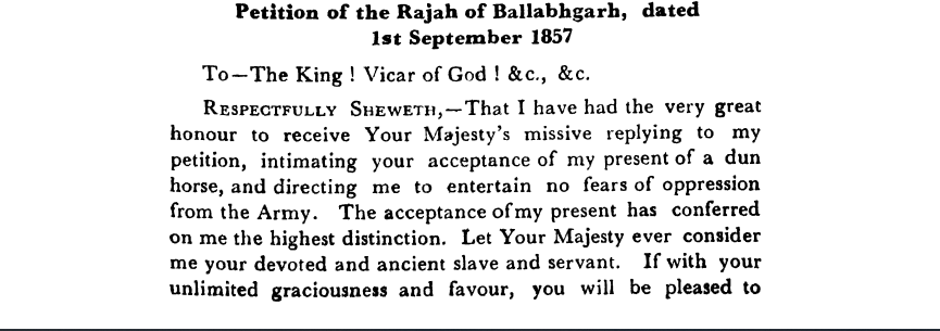 Fourth Days of Proceedings Trail of Bahadur Shah - Petition  of  the  Rajah  of  Ballabhgarh dated  1st  September  1857