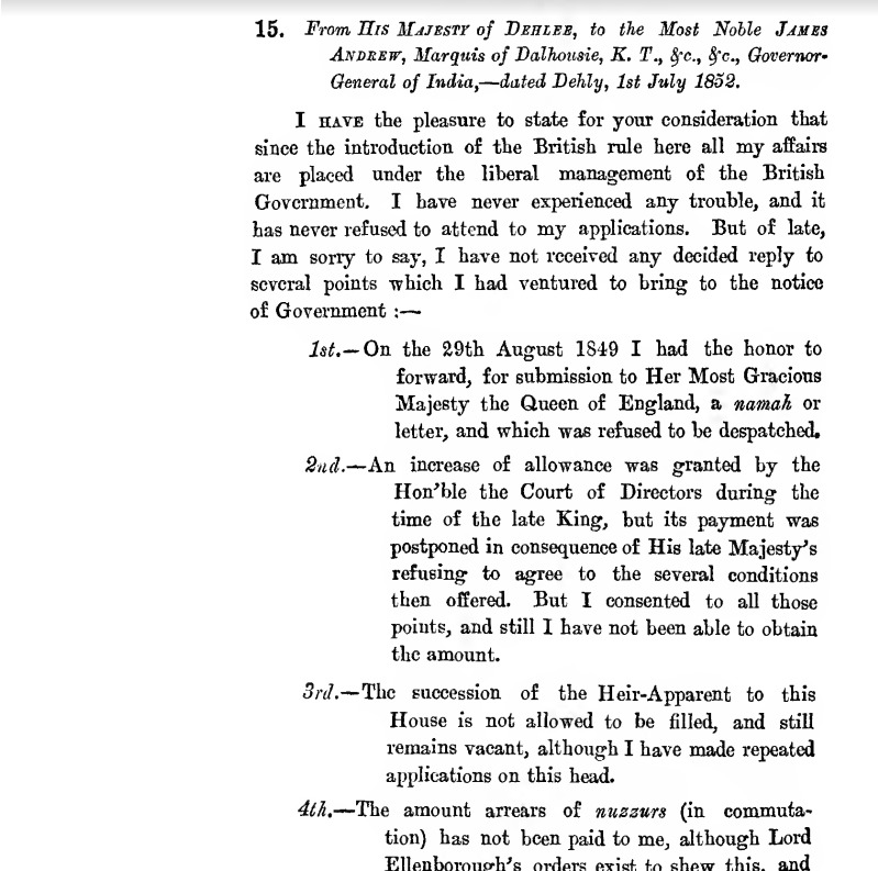 From His Majesty of Delhi, to the Most Nolle JambsAndrew, Marquis of Dalhousie, K.T., &c. &c Governor-General of India.Dated Delhi 1st July 1852