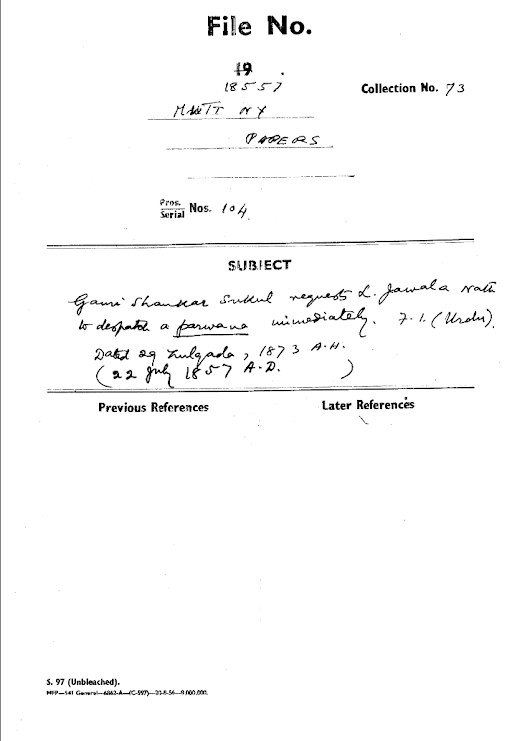 Gauri Shankar Sukul Request L Jawala Nath to Despatch a Parwana Immediately(1857)