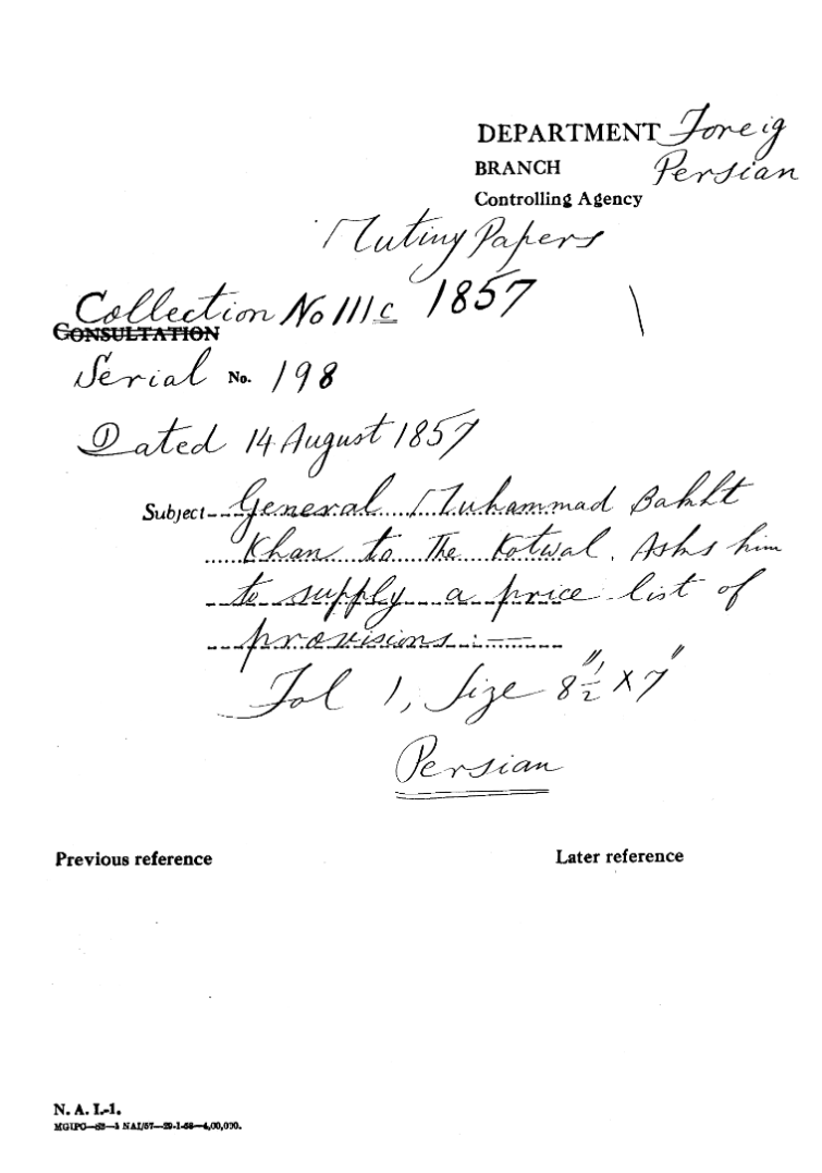 General Muhammad Babht Khan to the Kotwal. asks him to Supply a Price List of Provisions.