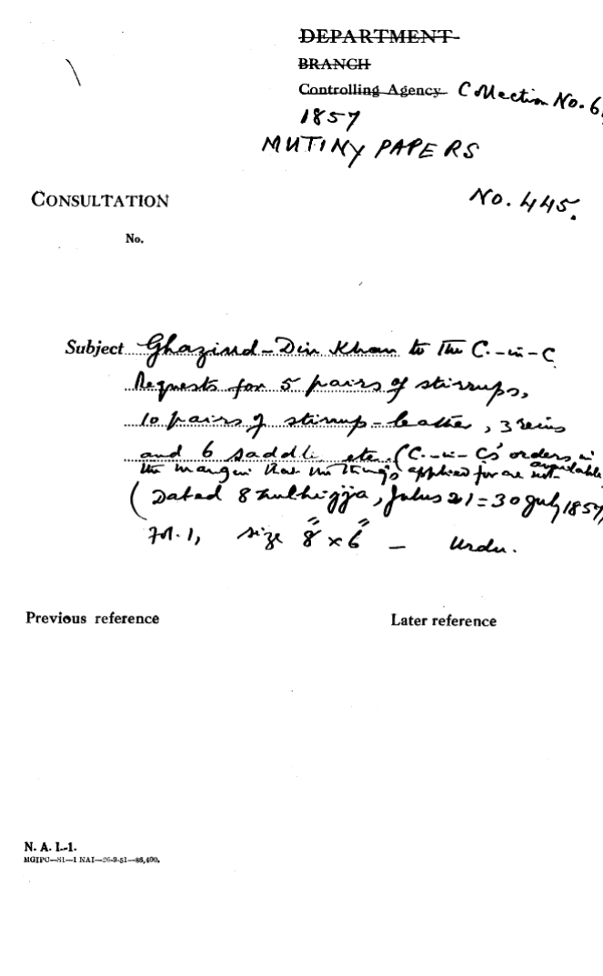 Ghaziud-Din Khan to the C- In -C (Mirza Mughal)  Requests For 5 Pairs of Stirrups 10 Pairs of Stirrup-Leather 3 Reins and 6 Saddle Etc. ( C- In -C (Mirza Mughal) Orders In The Margin that the Things applied For are adjustable (8 Zulhijja Julus 21 = 30 July 1857)