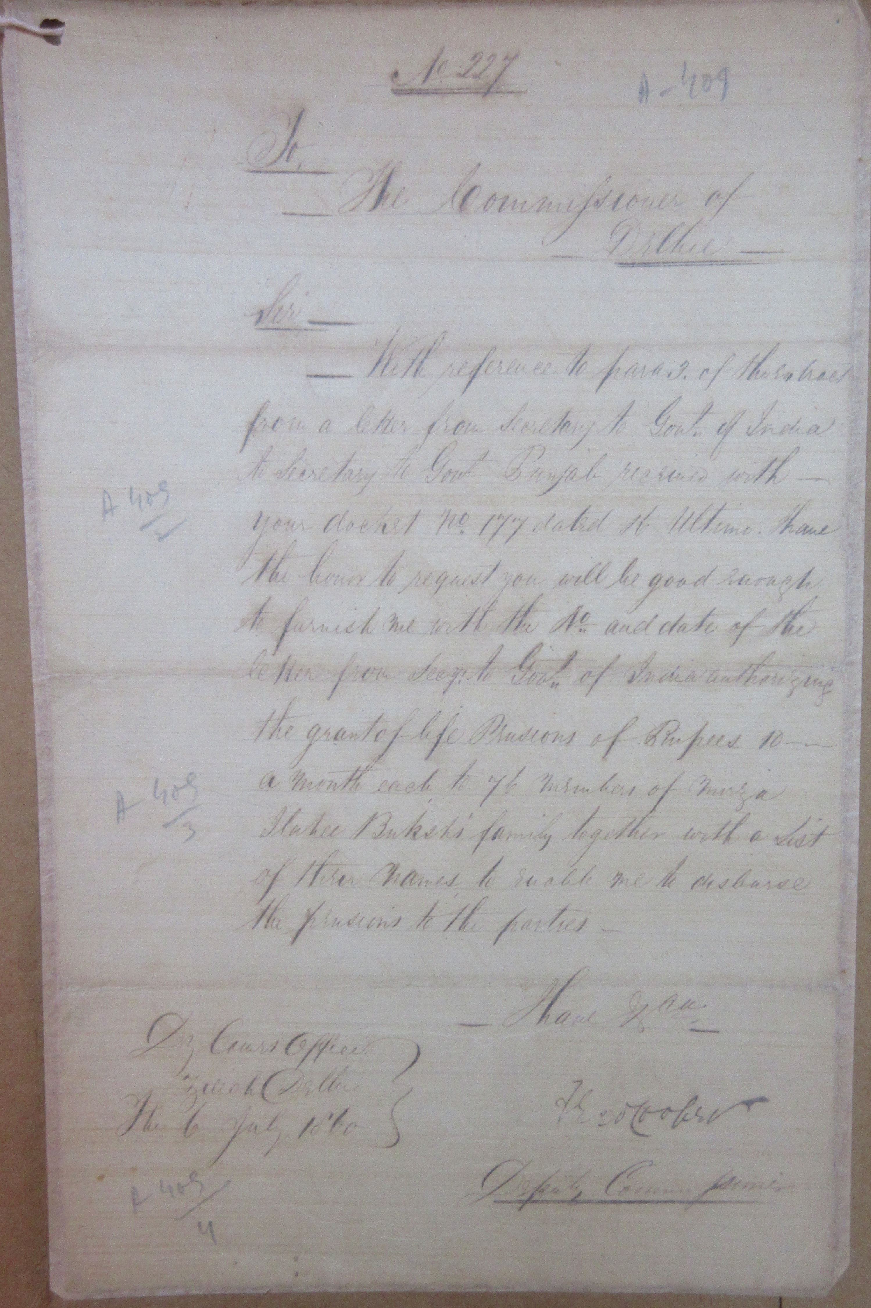 Grant of Pension to 76 Member of Ex-Royal Family of Delhi Through Mirza Ilahi Bakhsh File No. 01.