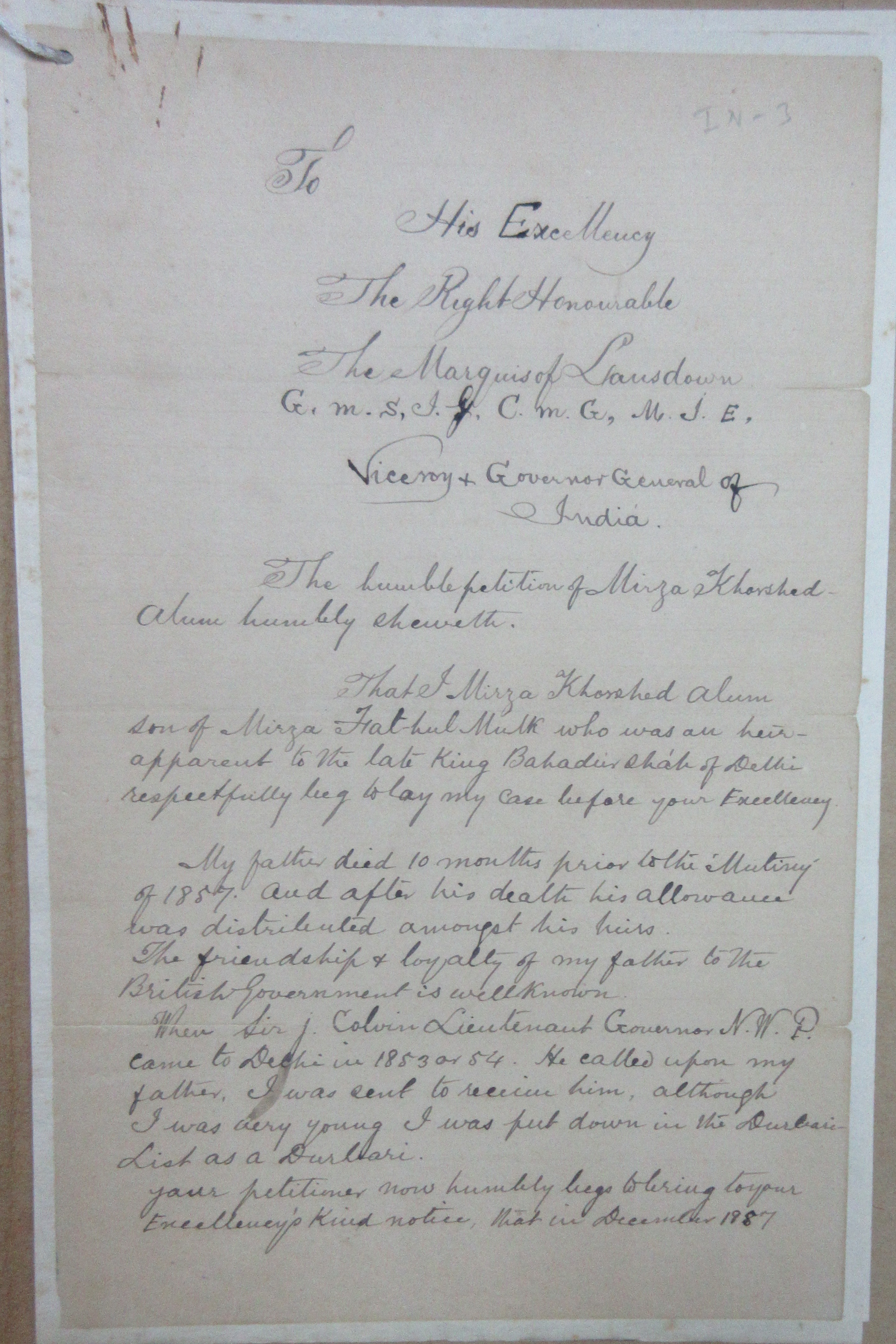Grant of Pension to the Mirza Muhammad Sultan Khurshid Alam Bahadur Grand Son of Bahadur shah. File No. 59