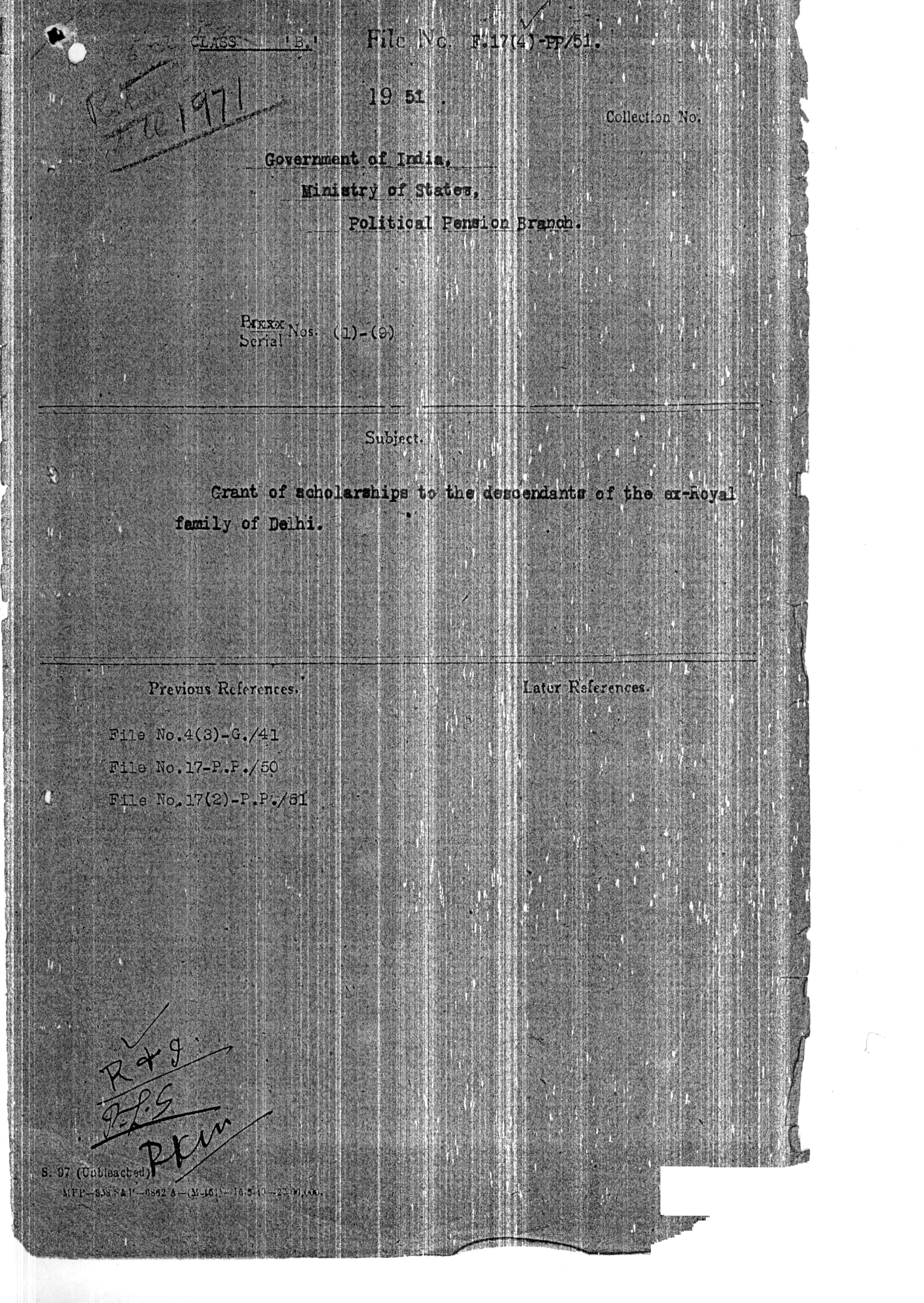 Grant of Scholarships to the Descendants of the Ex-Royal family of Delhi.