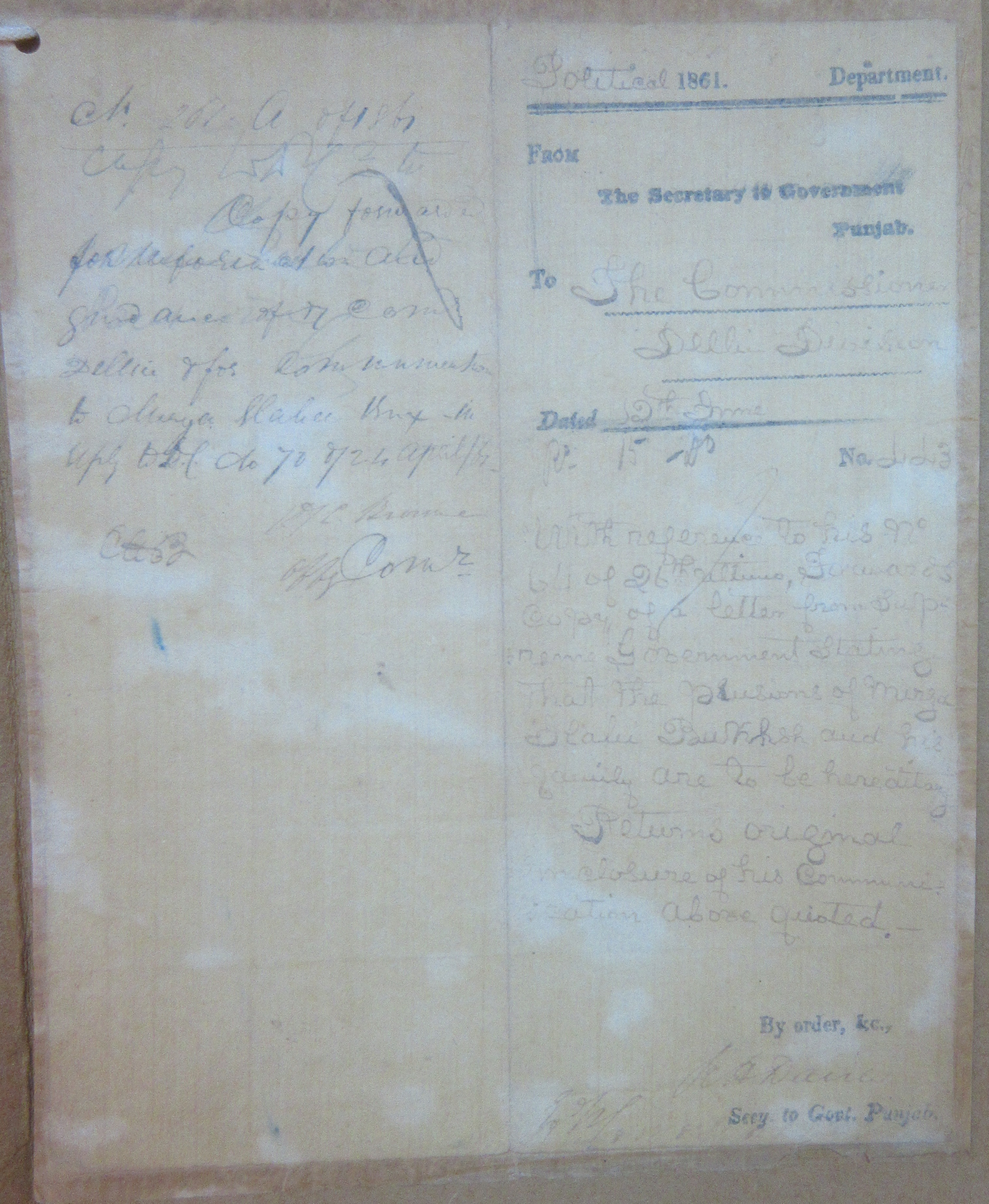 Granting The Pension of Mirza Ilahi Bakhsh and His Family From Secretary Government of Punjab, File No. 04