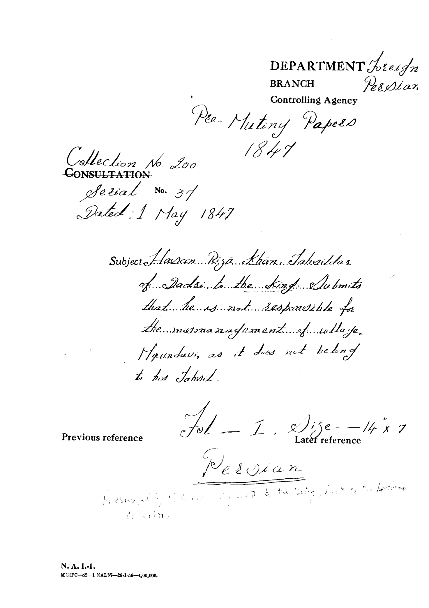 Hasan Riza Khan , tahsildar of dadsi to the King submit that he is not responsible for the mismanagement of village