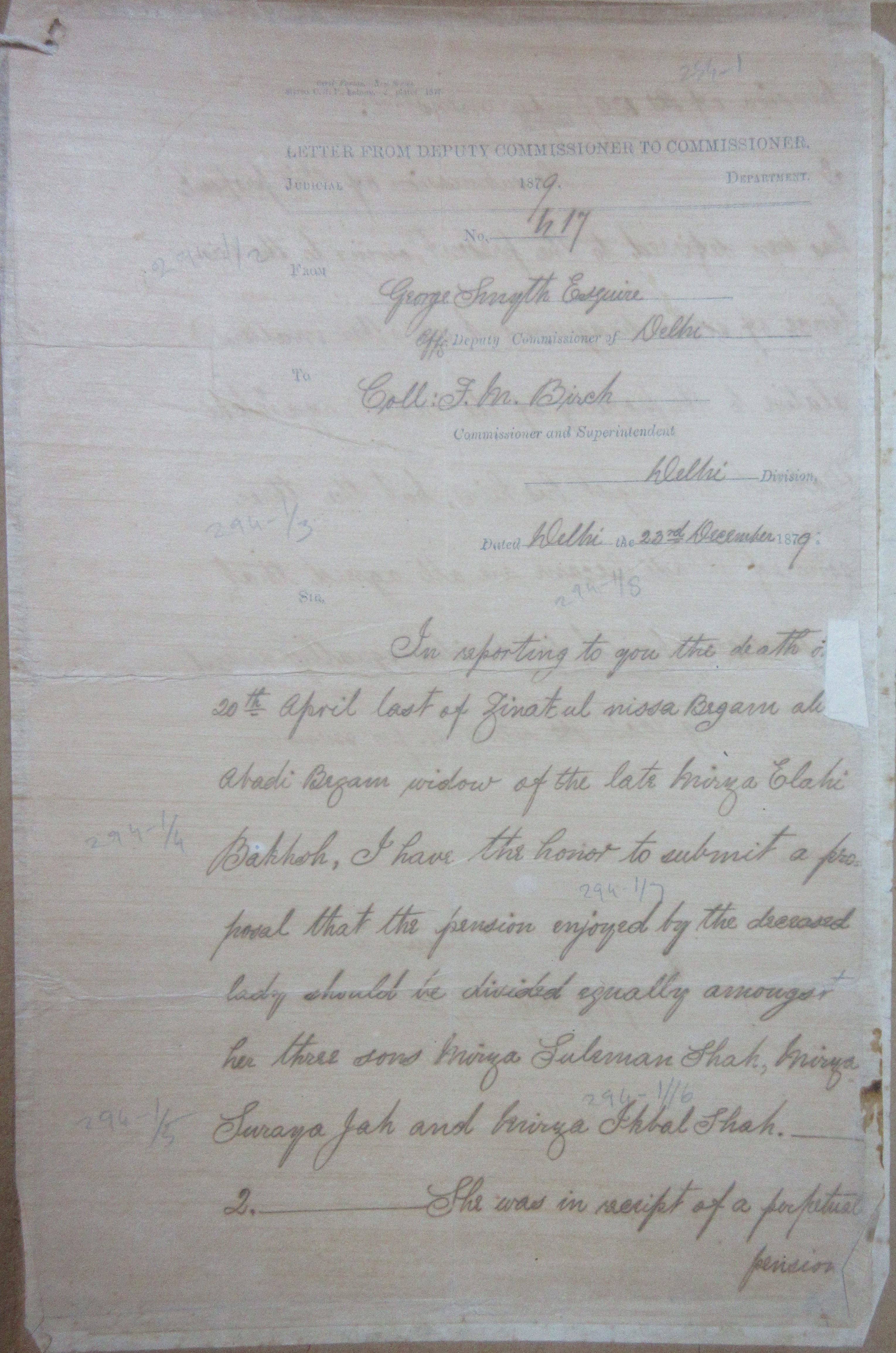 I Have the Honor to Submit a Proposal that the Pension Enjoyed by Deceased Lady Should Divide Equally Among Her Three Sons Mirza Sulaiman Shah, Mirza Suraya Shah, Mirza Iklal Shah, File No. 43
