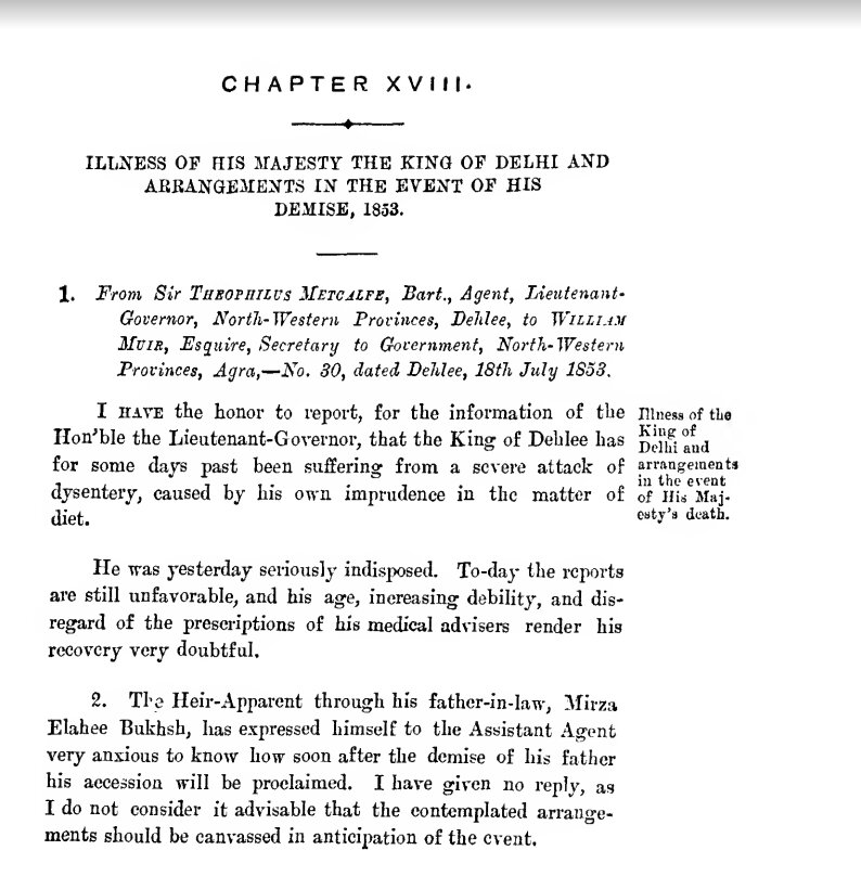Illness of His Majesty The King Of Delhi And Arrangements In The  Event Of His  Demise, 1853.