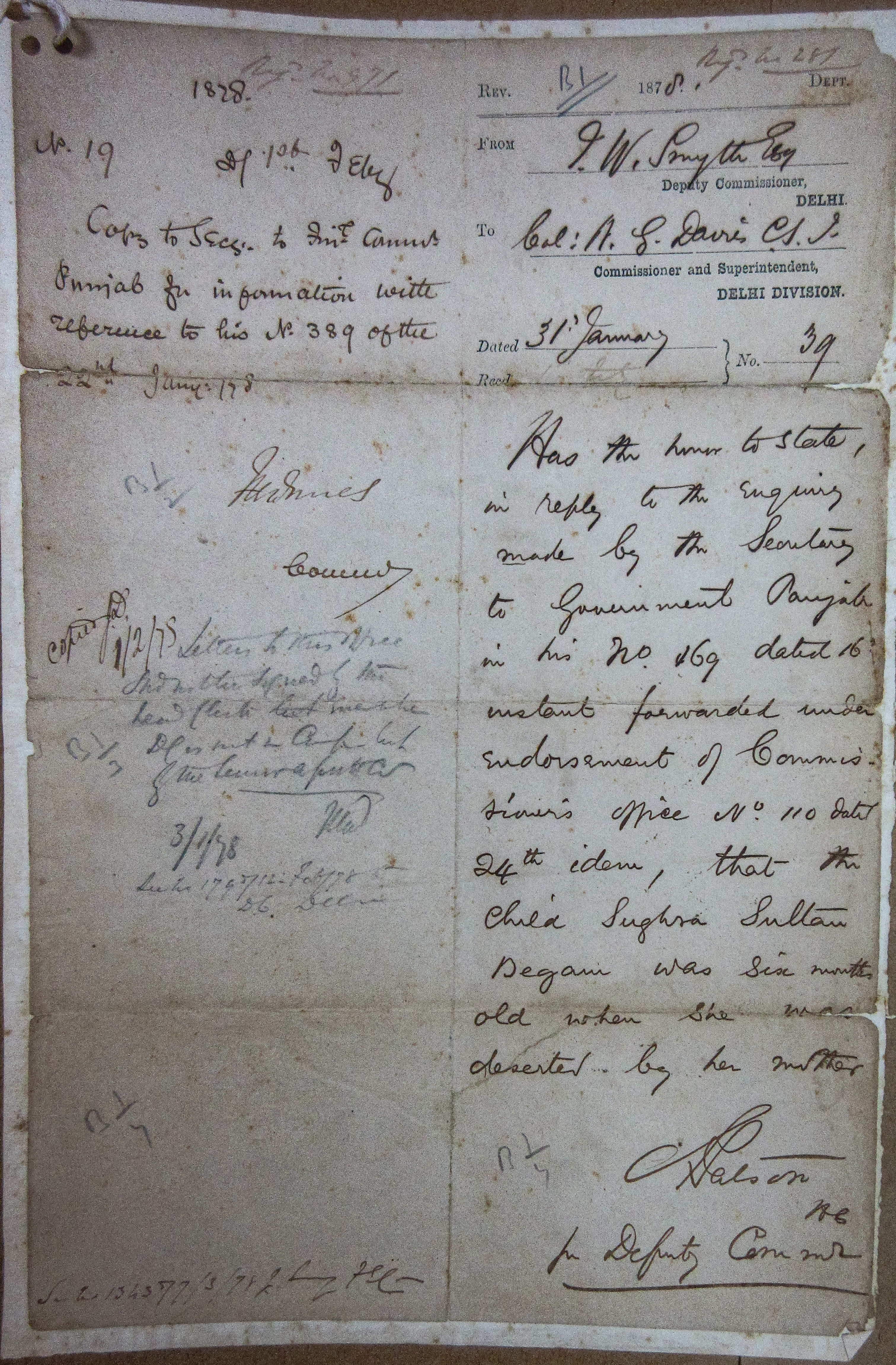 Instant Forwarded Under Endorsement of Commissioner Office Edem That the Child Sughra Sultan Begum Was Six Months old When She Was Abandoned by her Mother, File No. 30