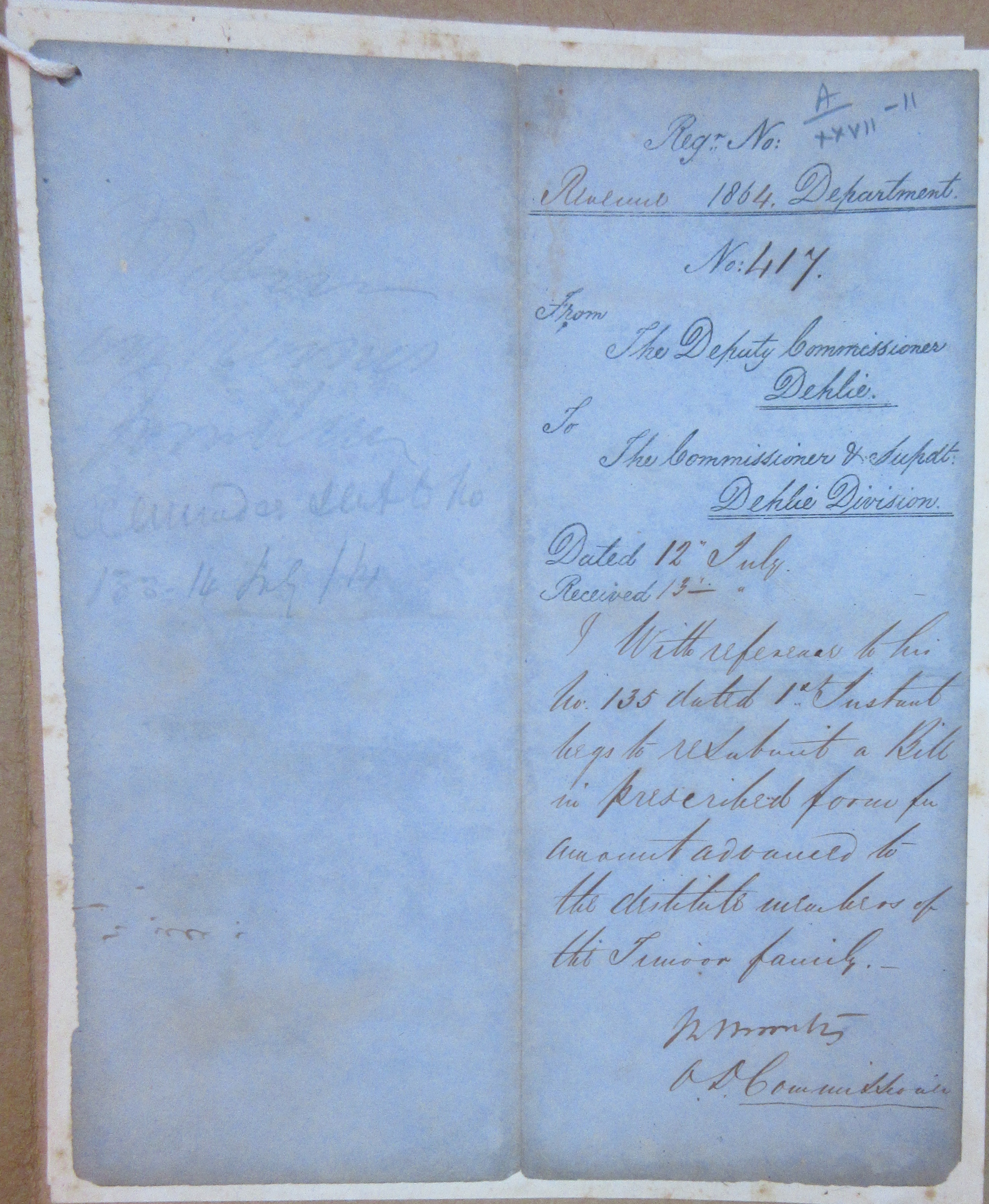 Instant Request to Resubmit a Bill in Represented Form to Amount Advanced to Destitute Members of Timoor Family, File No. 18