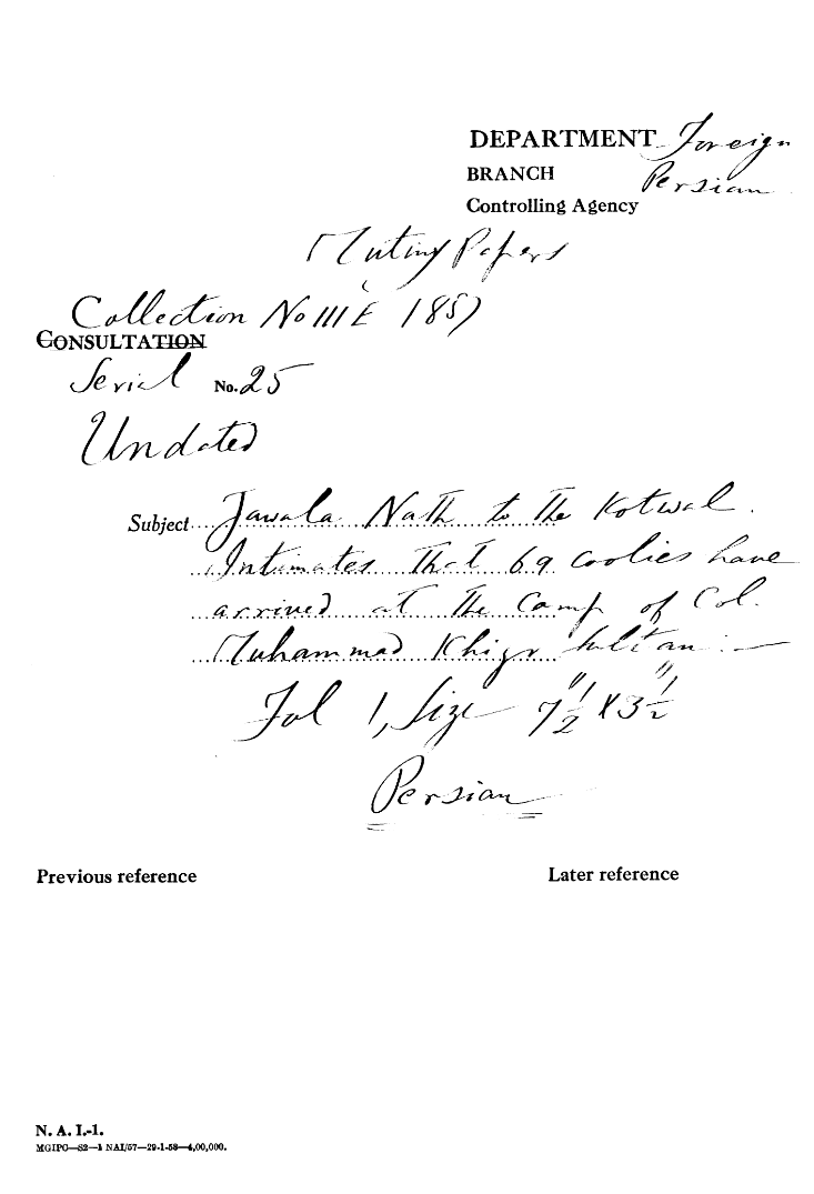 Jawala Nath to the Kotwal Intimates that 69 Coolies have arrived at the Comp of Col Muhammad Khizr Sultan